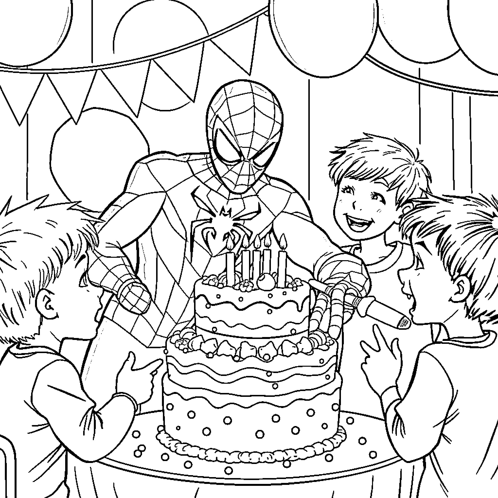 Spiderman celebrates birthday with children Coloring Page (free black-and-white line drawing printable PDF for all, from beginners to advanced learners, including children, teens, adults, and seniors)