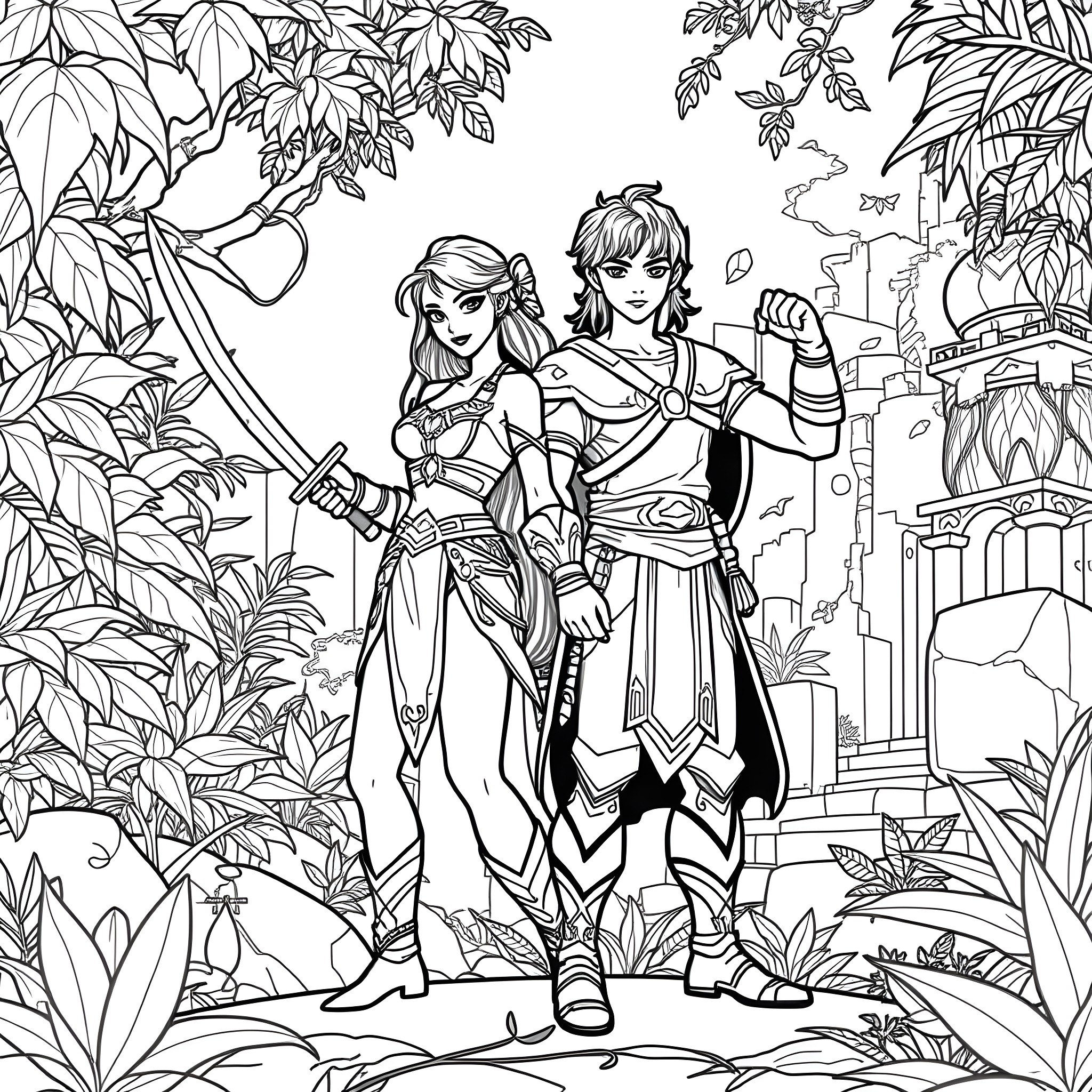 Raya and her companion explore the enchanting jungle landscape Coloring Page (free black-and-white line drawing printable PDF for all, from beginners to advanced learners, including children, teens, adults, and seniors)
