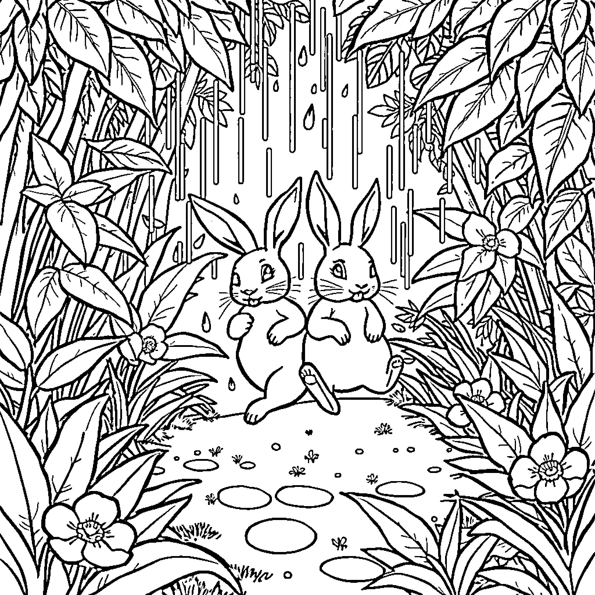 Rabbit Pair in Lush Foliage Coloring Page (free black-and-white line drawing printable PDF for all, from beginners to advanced learners, including children, teens, adults, and seniors)