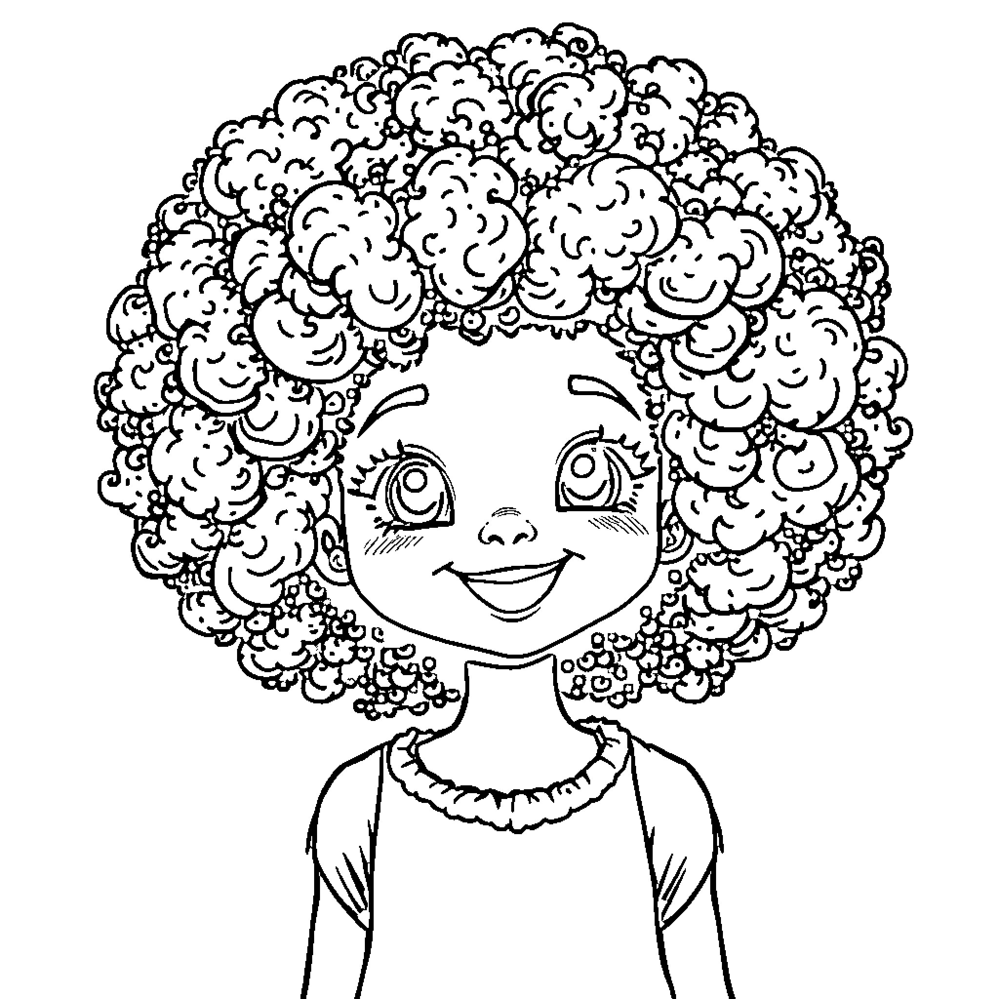 Girl with Curly, Whimsical Hair Coloring Page (free black-and-white line drawing printable PDF for all, from beginners to advanced learners, including children, teens, adults, and seniors)