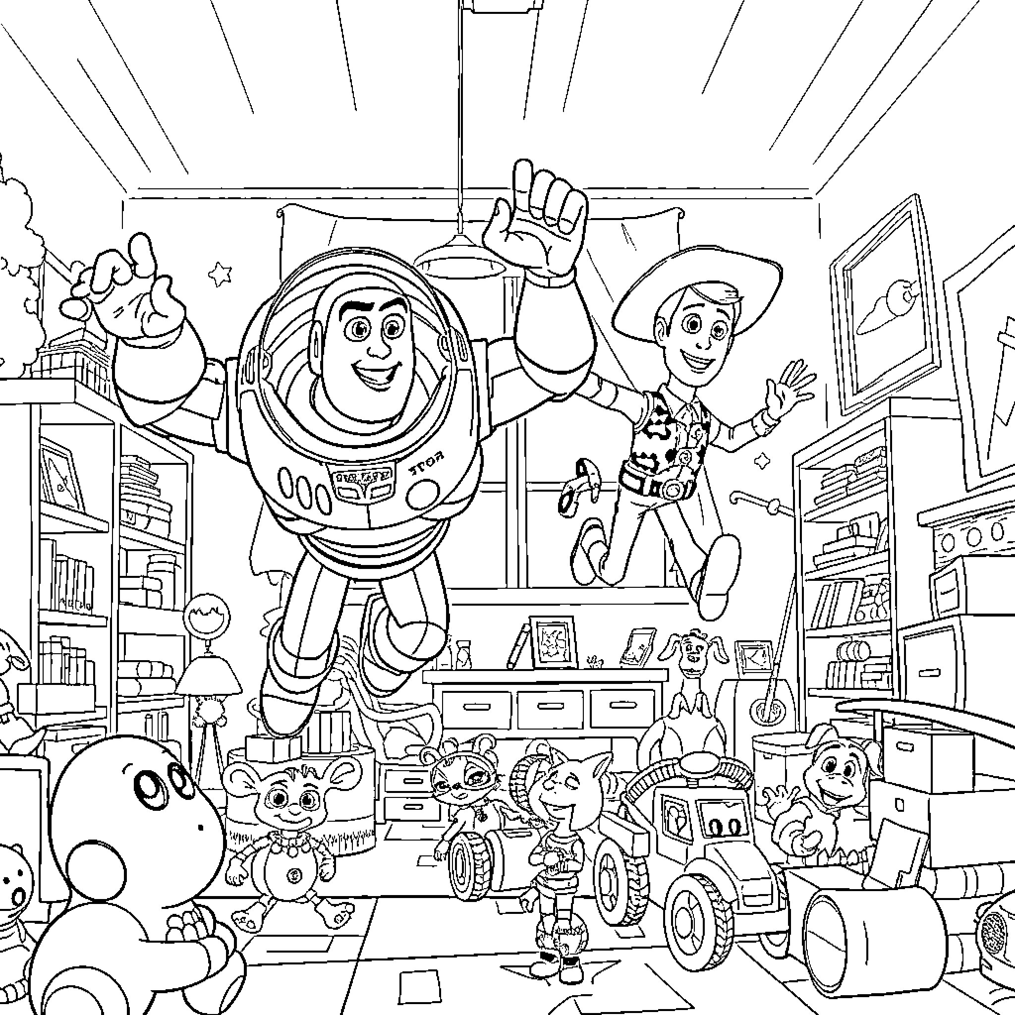 Buzz and Woody in a Lively Toy Room Adventure Coloring Page (free black-and-white line drawing printable PDF for all, from beginners to advanced learners, including children, teens, adults, and seniors)