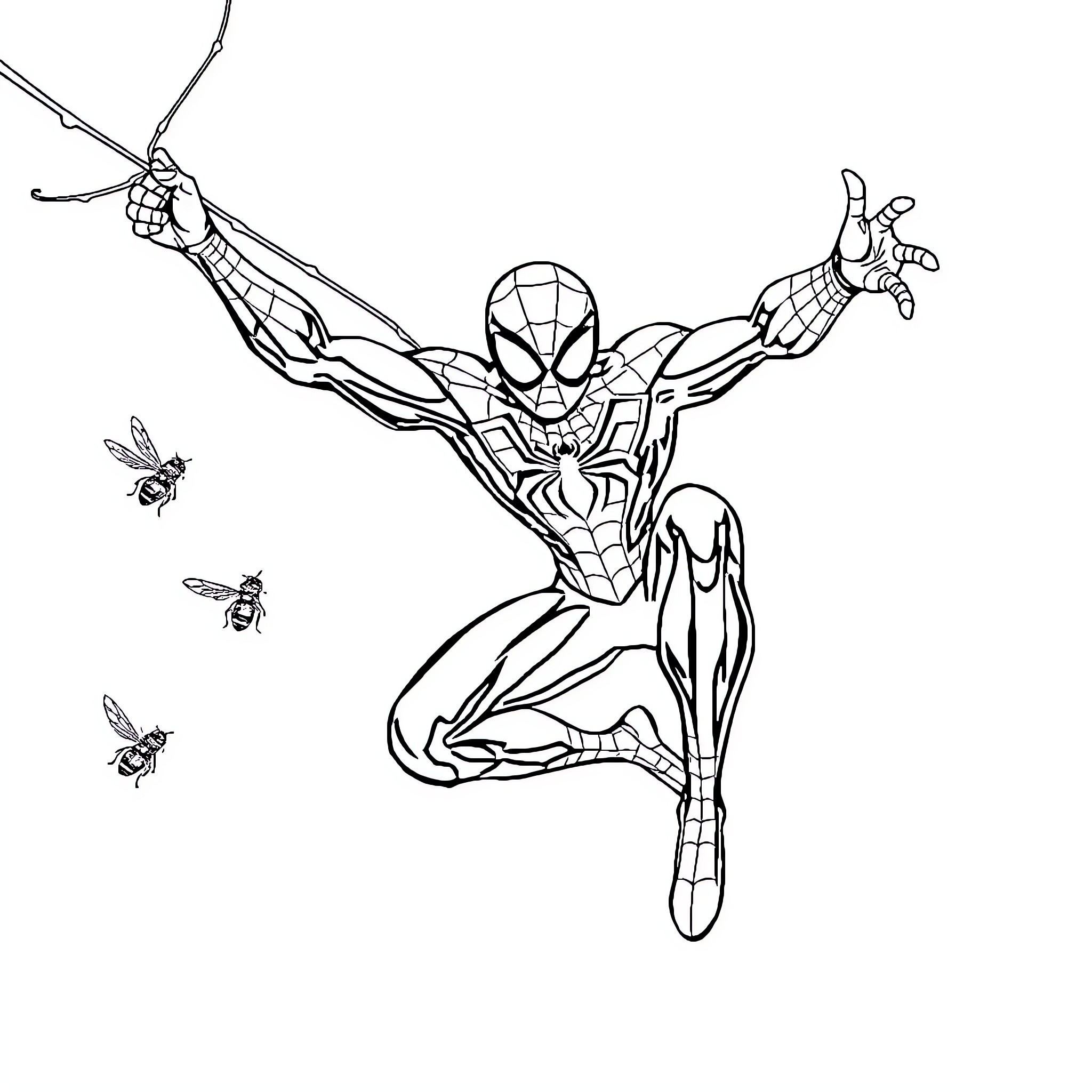 Spider-Man swinging into action with bees Coloring Page (free black-and-white line drawing printable PDF for all, from beginners to advanced learners, including children, teens, adults, and seniors)