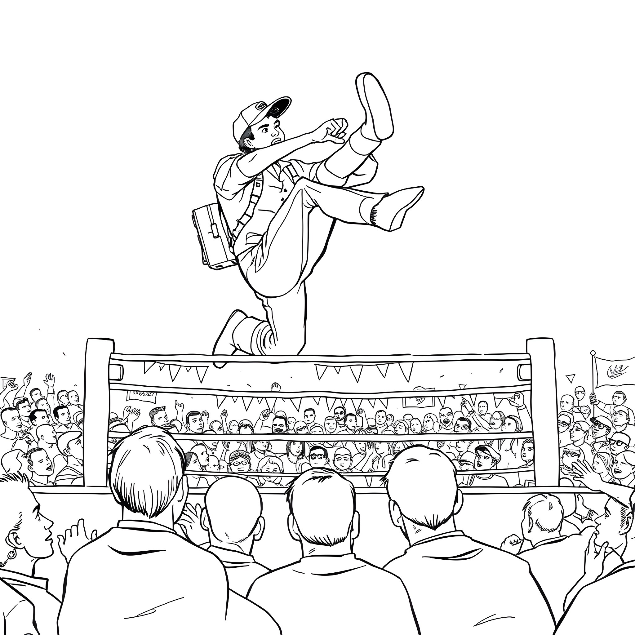 Mailman performs acrobatic moves in front of cheering crowd Coloring Page (free black-and-white line drawing printable PDF for all, from beginners to advanced learners, including children, teens, adults, and seniors)