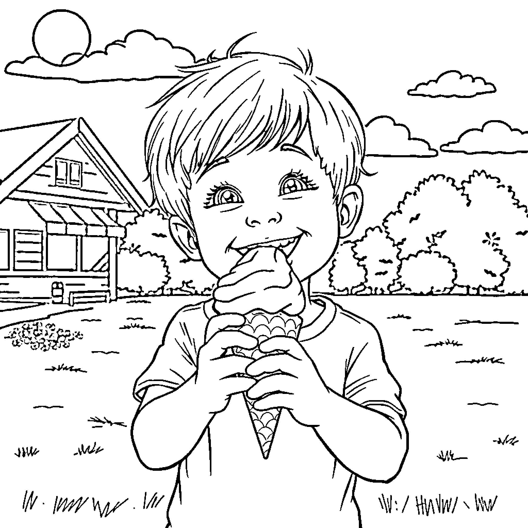 Ice Cream Treat on a Summer Day Coloring Page (free black-and-white line drawing printable PDF for all, from beginners to advanced learners, including children, teens, adults, and seniors)