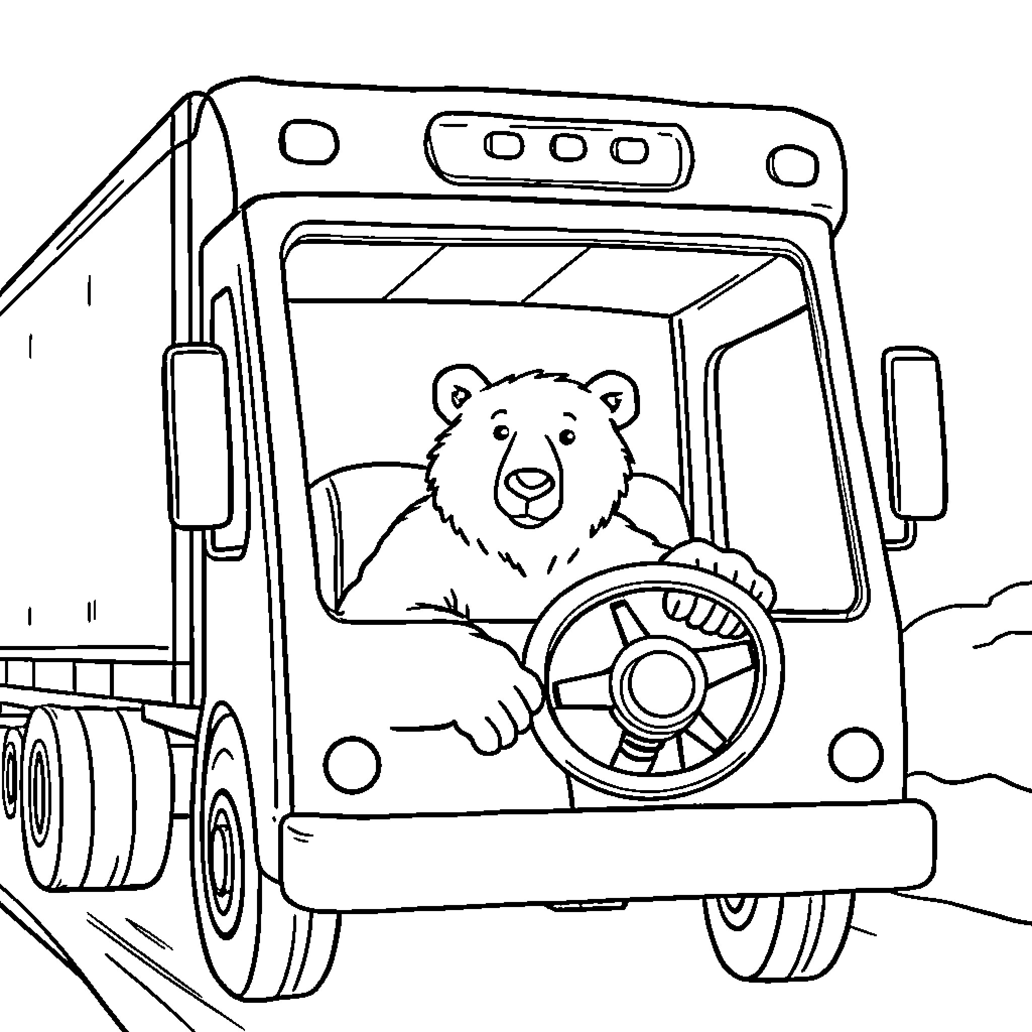 Polar Bear Driving a Truck Coloring Page (free black-and-white line drawing printable PDF for all, from beginners to advanced learners, including children, teens, adults, and seniors)