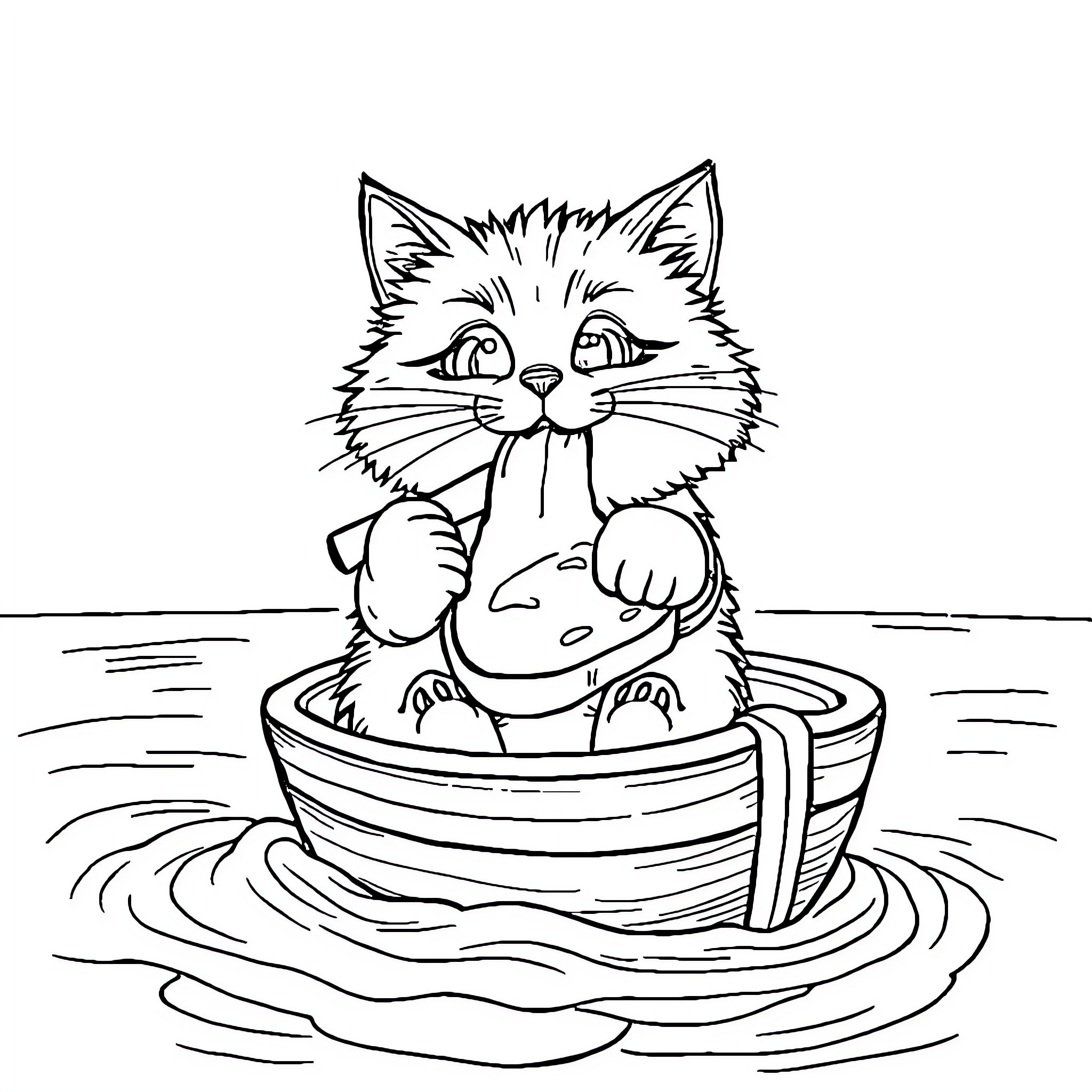 Cat relaxing in a cozy boat Coloring Page (free black-and-white line drawing printable PDF for all, from beginners to advanced learners, including children, teens, adults, and seniors)