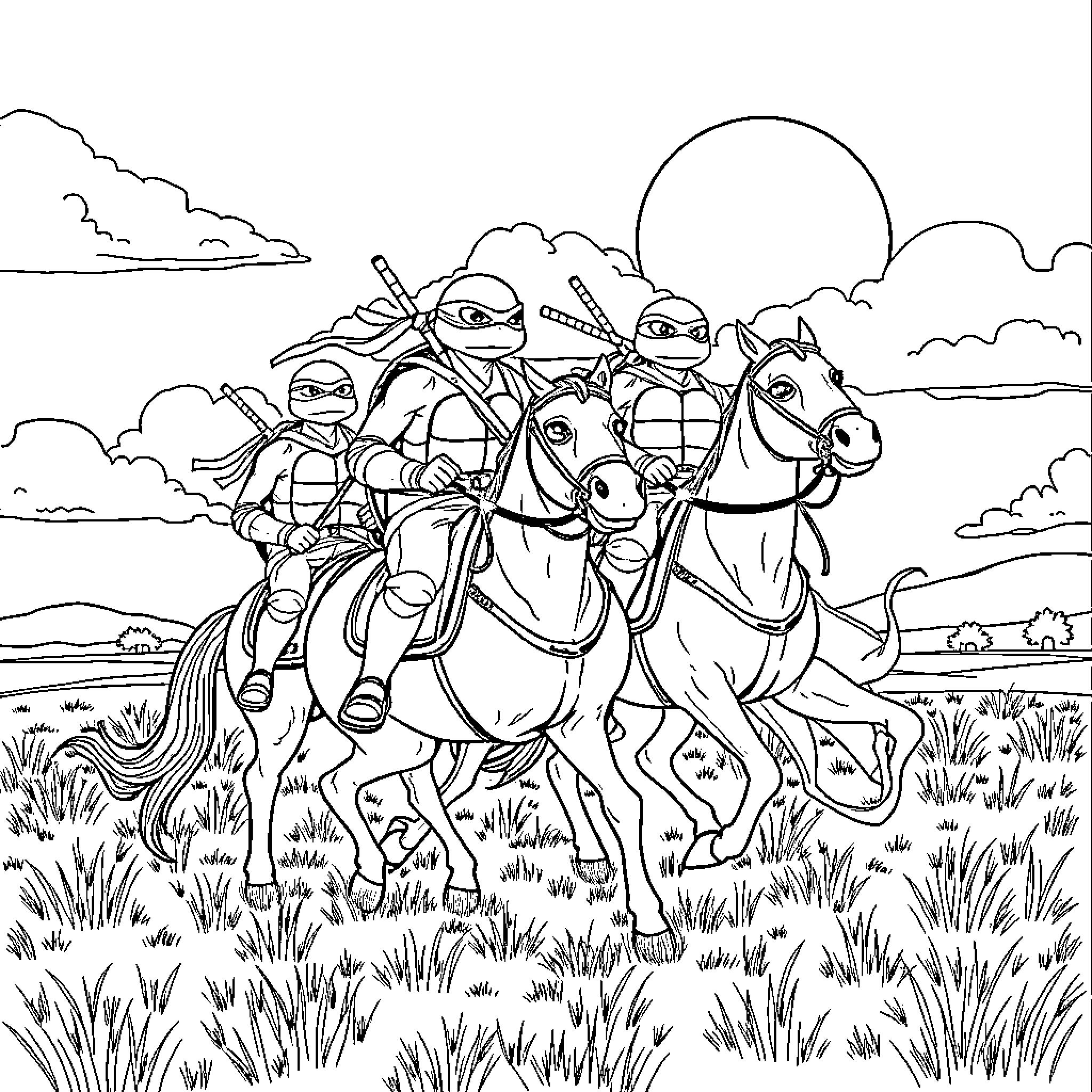 Ninja Turtle warriors riding horses through the countryside Coloring Page (free black-and-white line drawing printable PDF for all, from beginners to advanced learners, including children, teens, adults, and seniors)