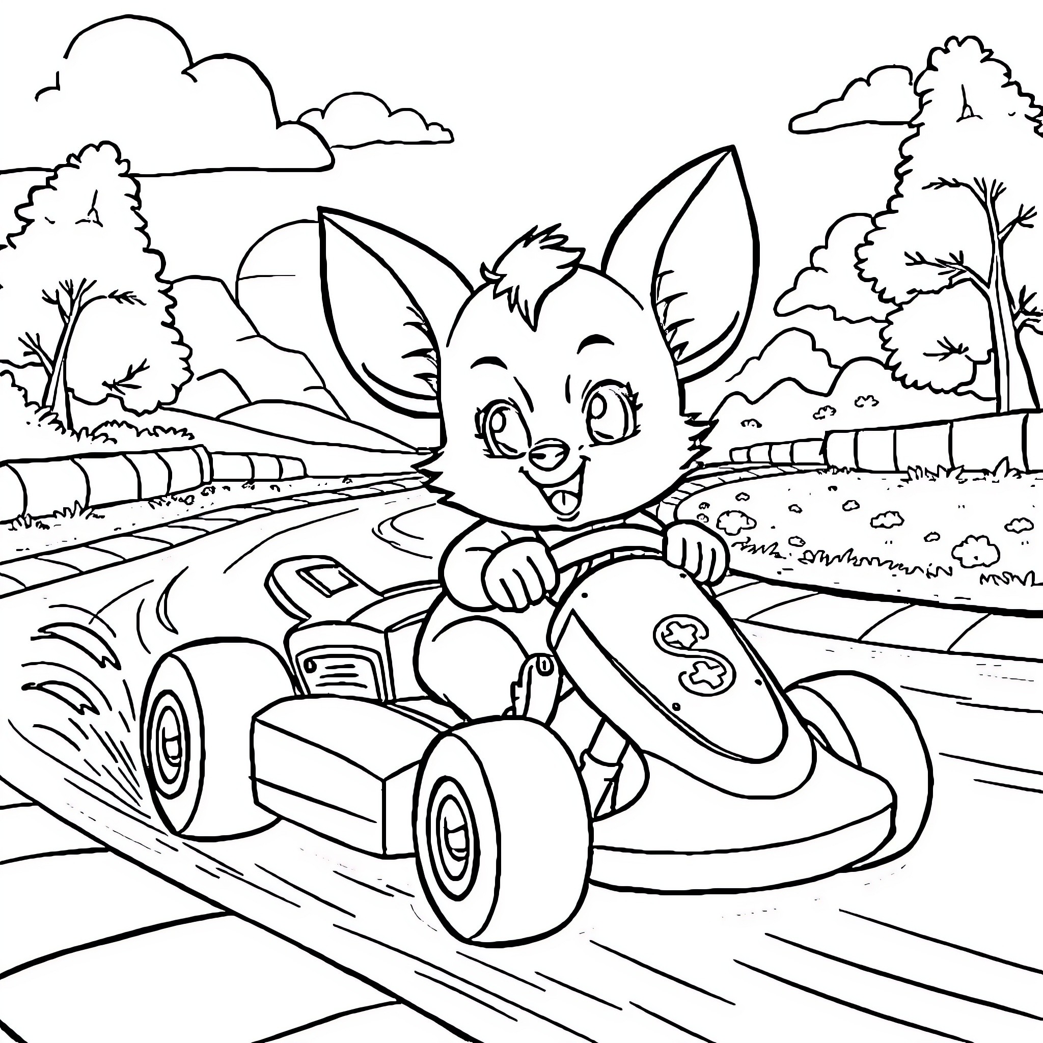 Bluey enjoying a go-kart ride in the park Coloring Page (free black-and-white line drawing printable PDF for all, from beginners to advanced learners, including children, teens, adults, and seniors)