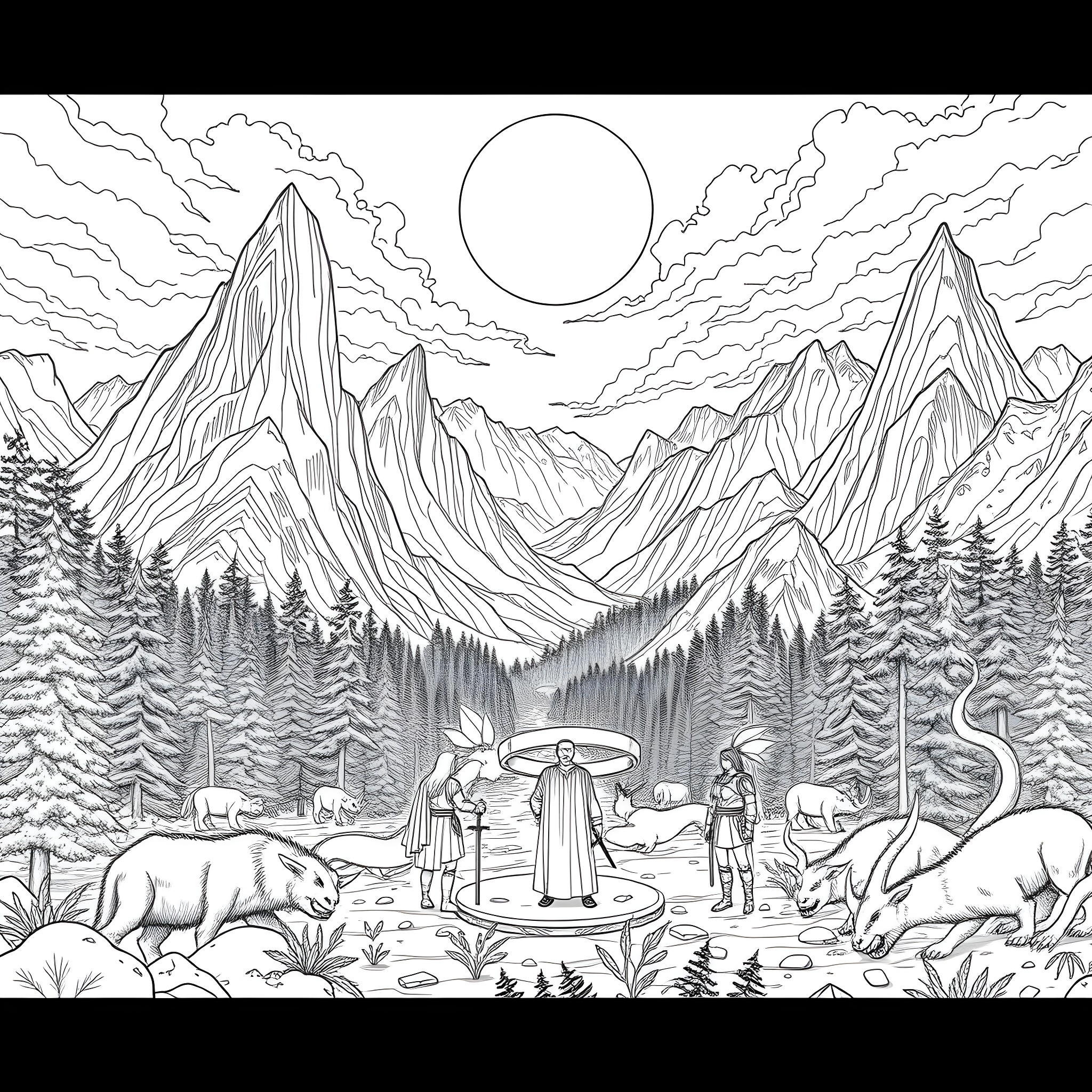 Lord of the Rings: Majestic Mountain Scenery with Figures Coloring Page (free black-and-white line drawing printable PDF for all, from beginners to advanced learners, including children, teens, adults, and seniors)