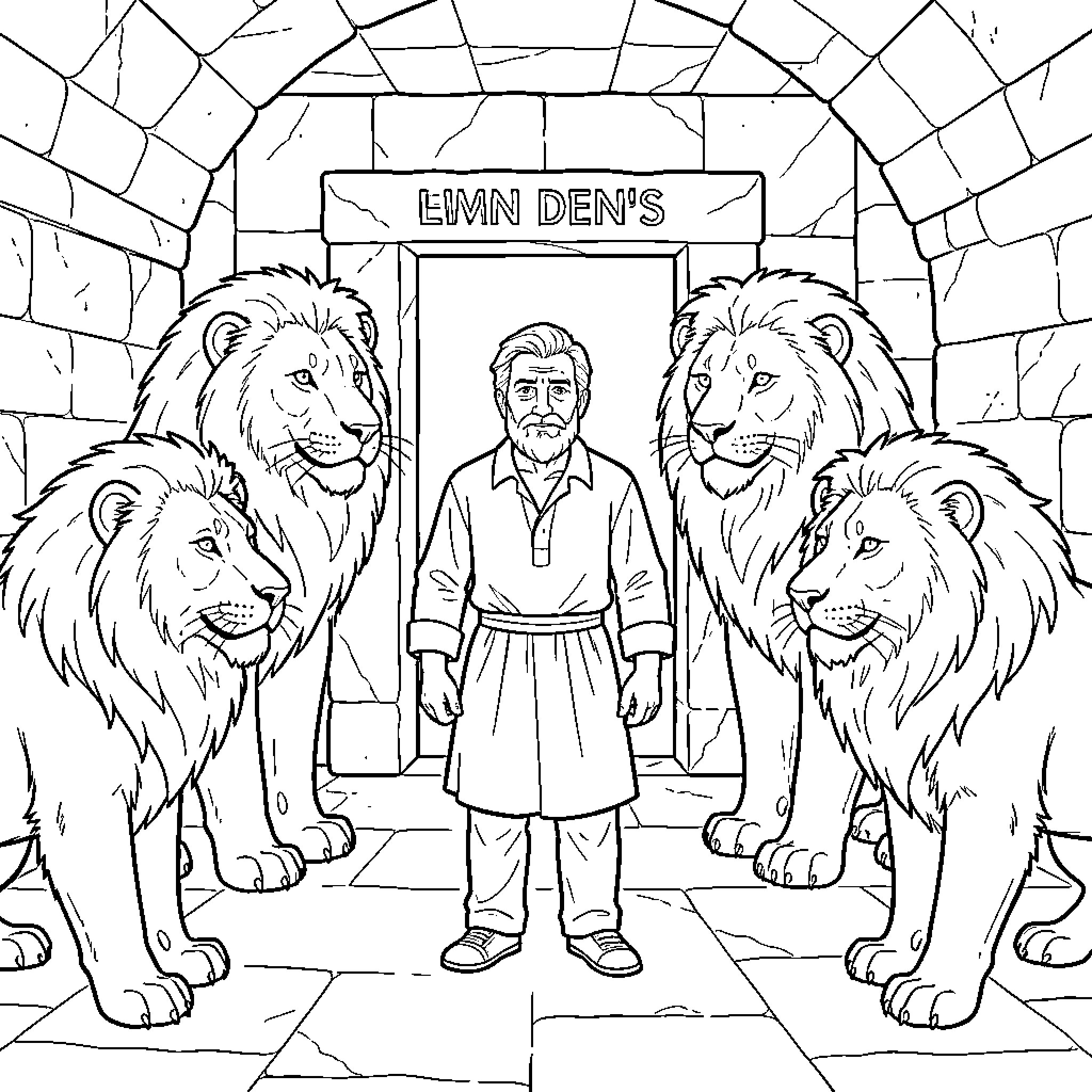 Daniel standing calmly among several large lions Coloring Page (free black-and-white line drawing printable PDF for all, from beginners to advanced learners, including children, teens, adults, and seniors)
