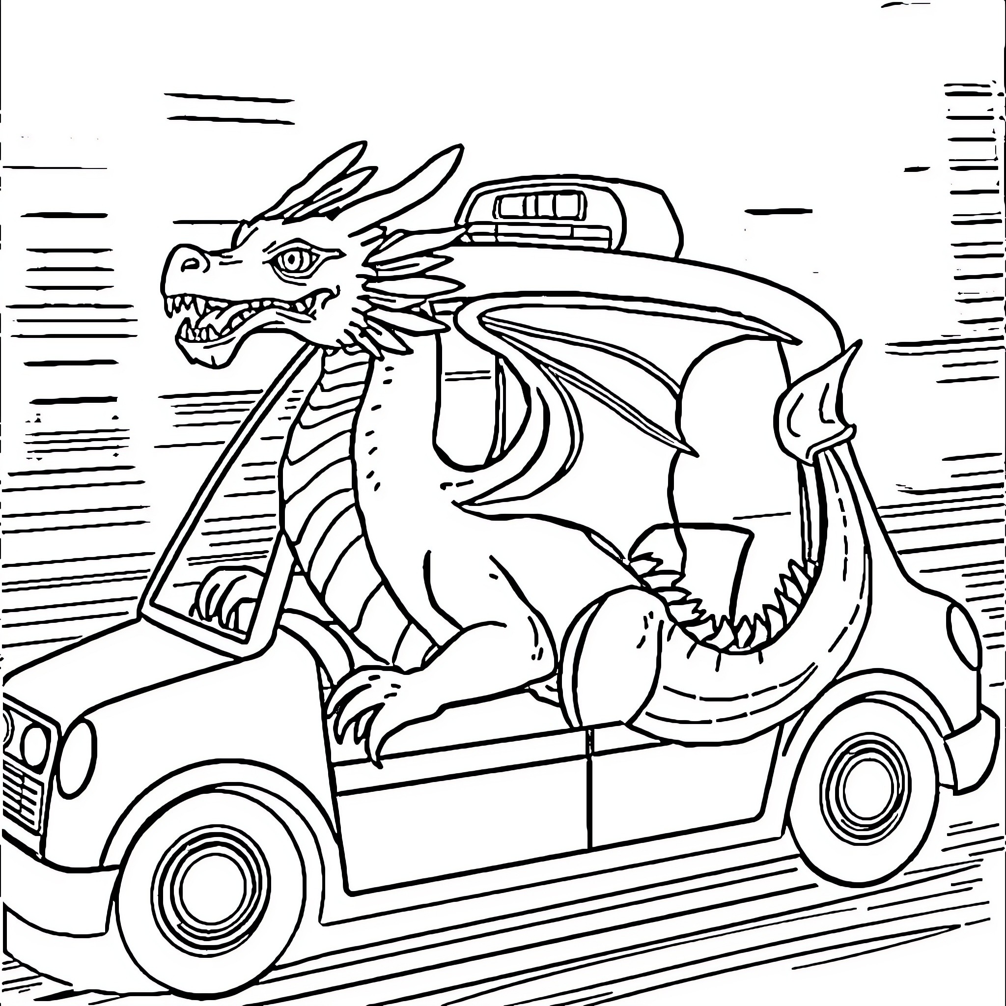 Dragon driving a car with excitement Coloring Page (free black-and-white line drawing printable PDF for all, from beginners to advanced learners, including children, teens, adults, and seniors)
