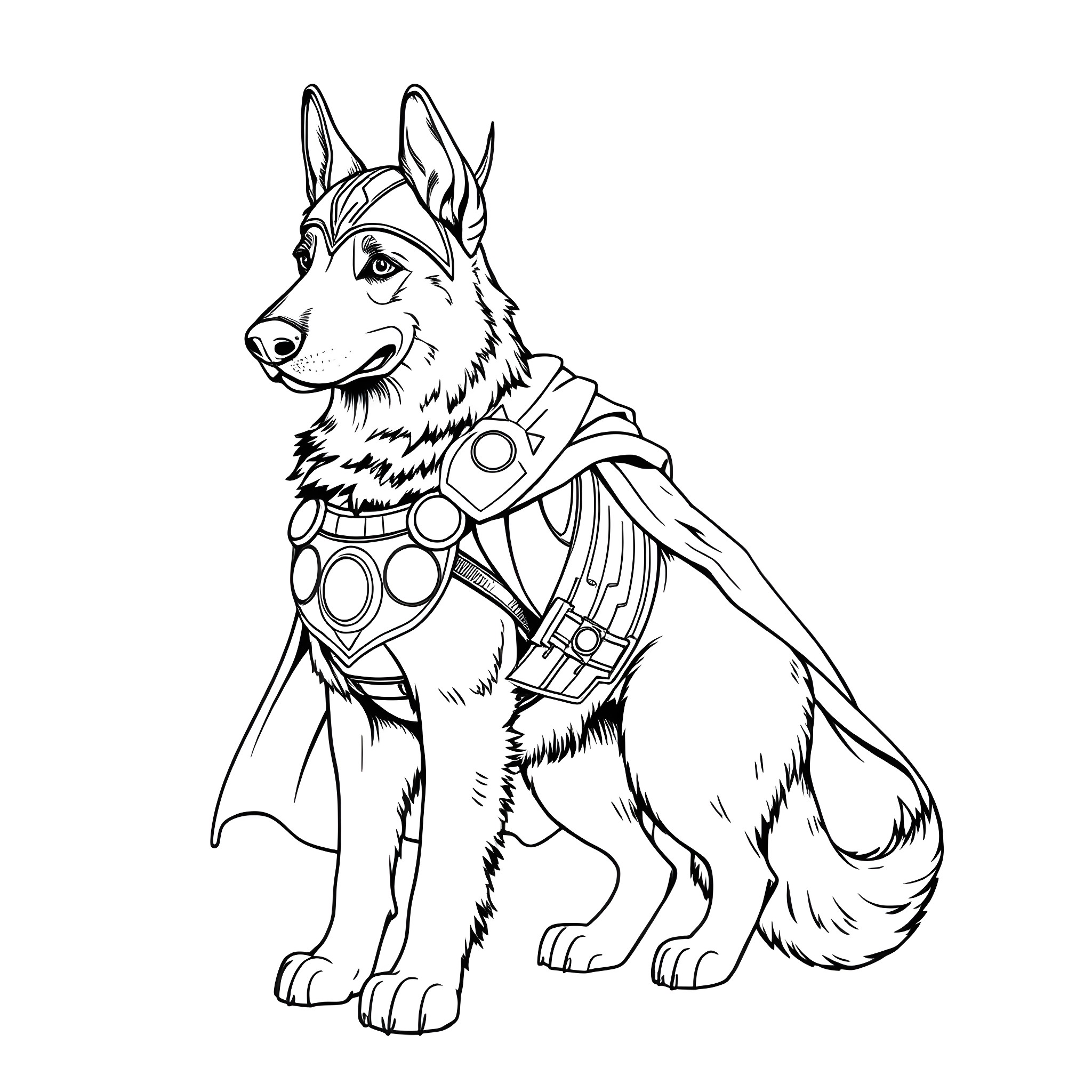 German Shepherd in Superhero Outfit Coloring Page (free black-and-white line drawing printable PDF for all, from beginners to advanced learners, including children, teens, adults, and seniors)