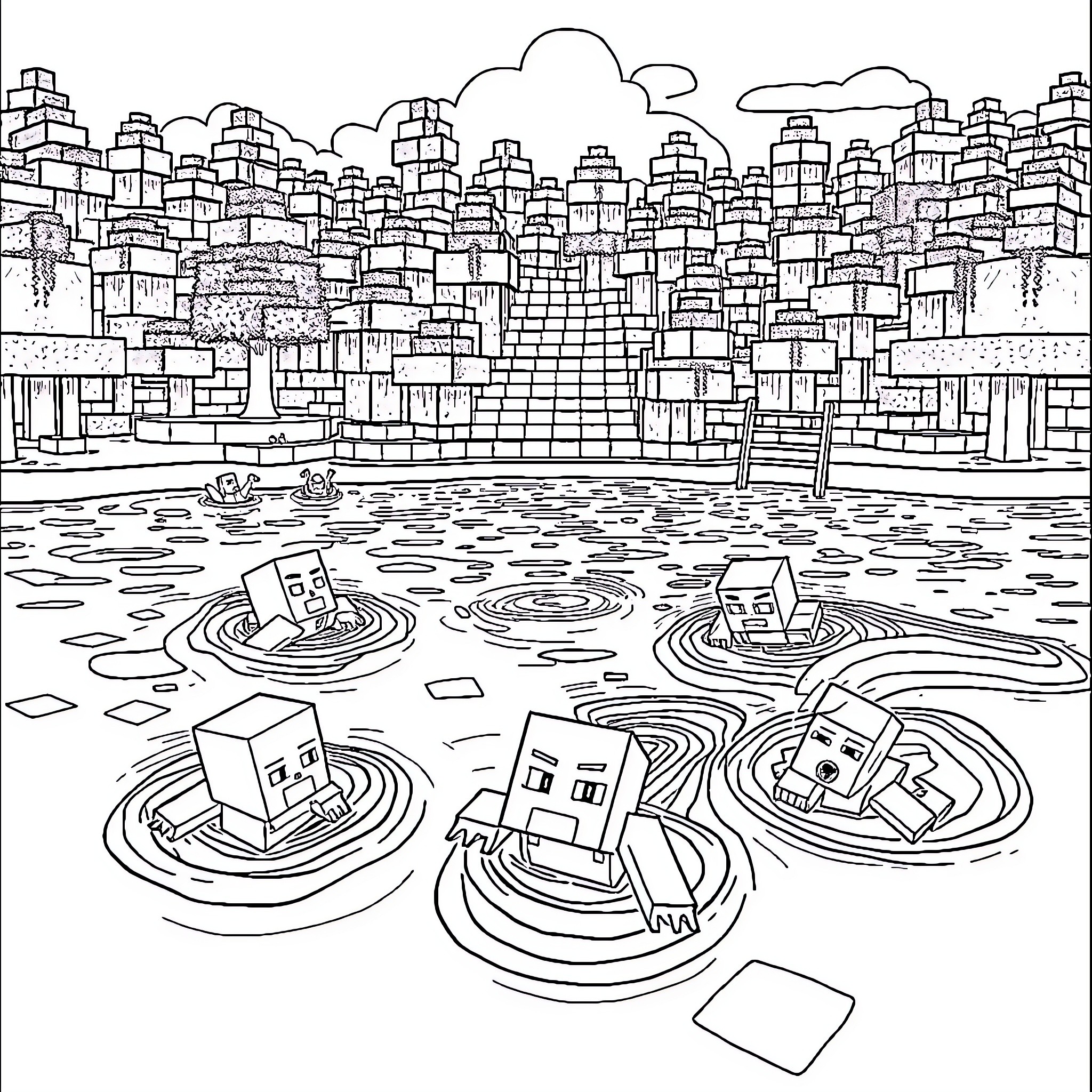 Minecraft characters floating in a surreal city landscape Coloring Page (free black-and-white line drawing printable PDF for all, from beginners to advanced learners, including children, teens, adults, and seniors)