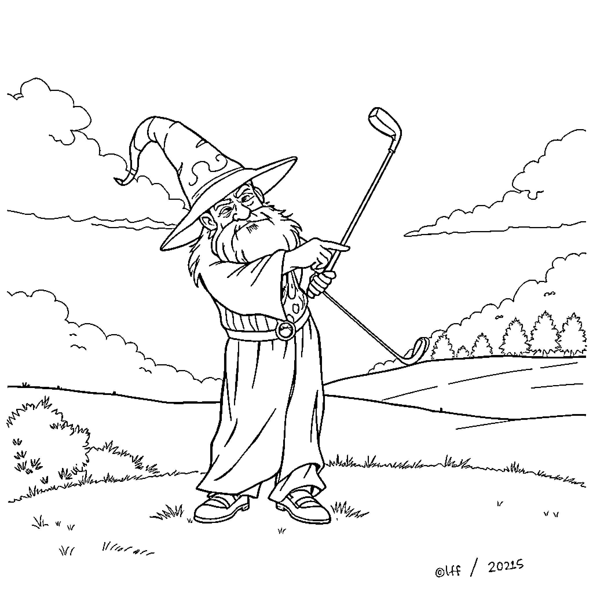 Gandalf the Wizard on a Scenic Countryside Adventure Coloring Page (free black-and-white line drawing printable PDF for all, from beginners to advanced learners, including children, teens, adults, and seniors)