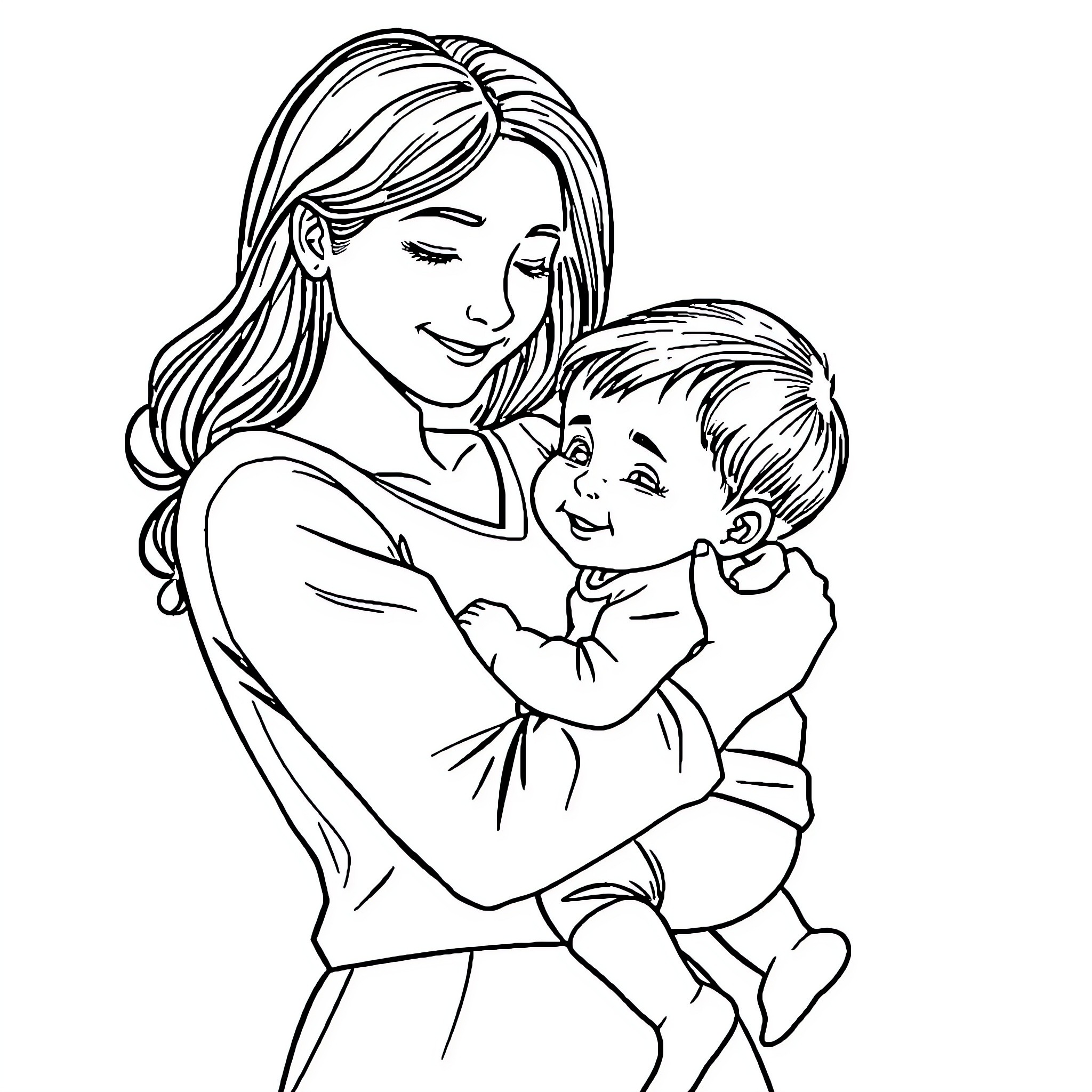 Woman holding and comforting young child Coloring Page (free black-and-white line drawing printable PDF for all, from beginners to advanced learners, including children, teens, adults, and seniors)