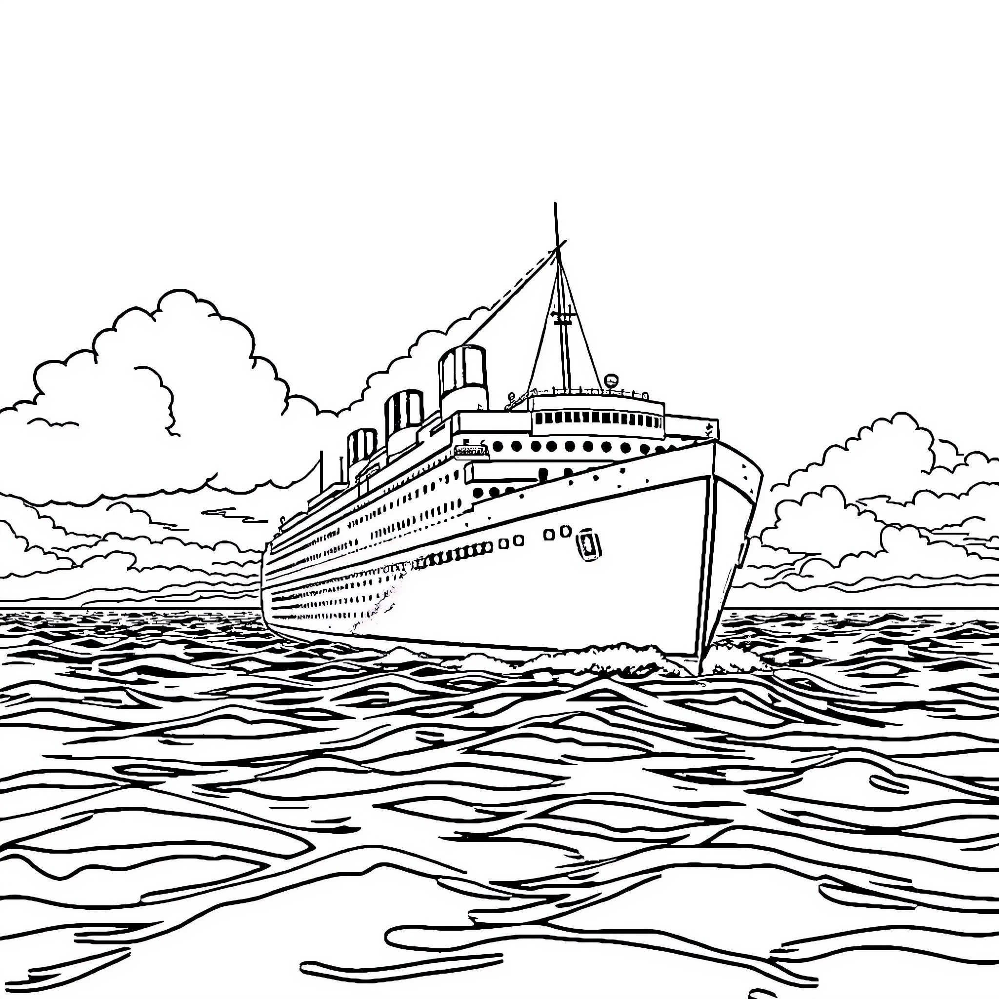 Lusitania Liner Sailing on the Open Seas Coloring Page (free black-and-white line drawing printable PDF for all, from beginners to advanced learners, including children, teens, adults, and seniors)