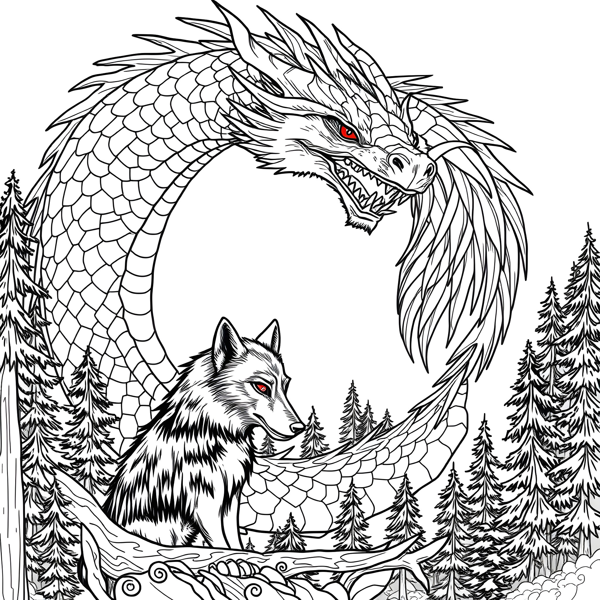 Dragon and Wolf Encounter in the Enchanted Forest Coloring Page (free black-and-white line drawing printable PDF for all, from beginners to advanced learners, including children, teens, adults, and seniors)