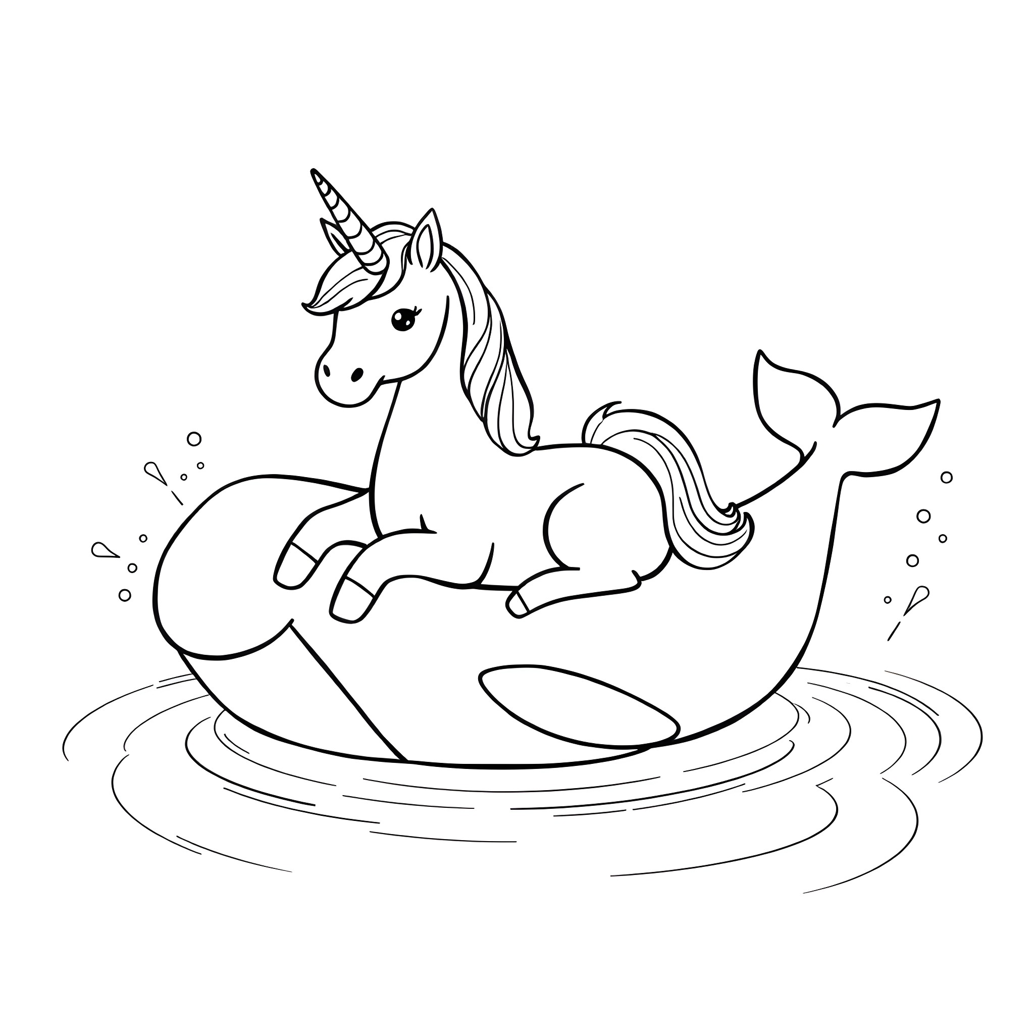 Unicorn relaxing on a magical water pond Coloring Page (free black-and-white line drawing printable PDF for all, from beginners to advanced learners, including children, teens, adults, and seniors)