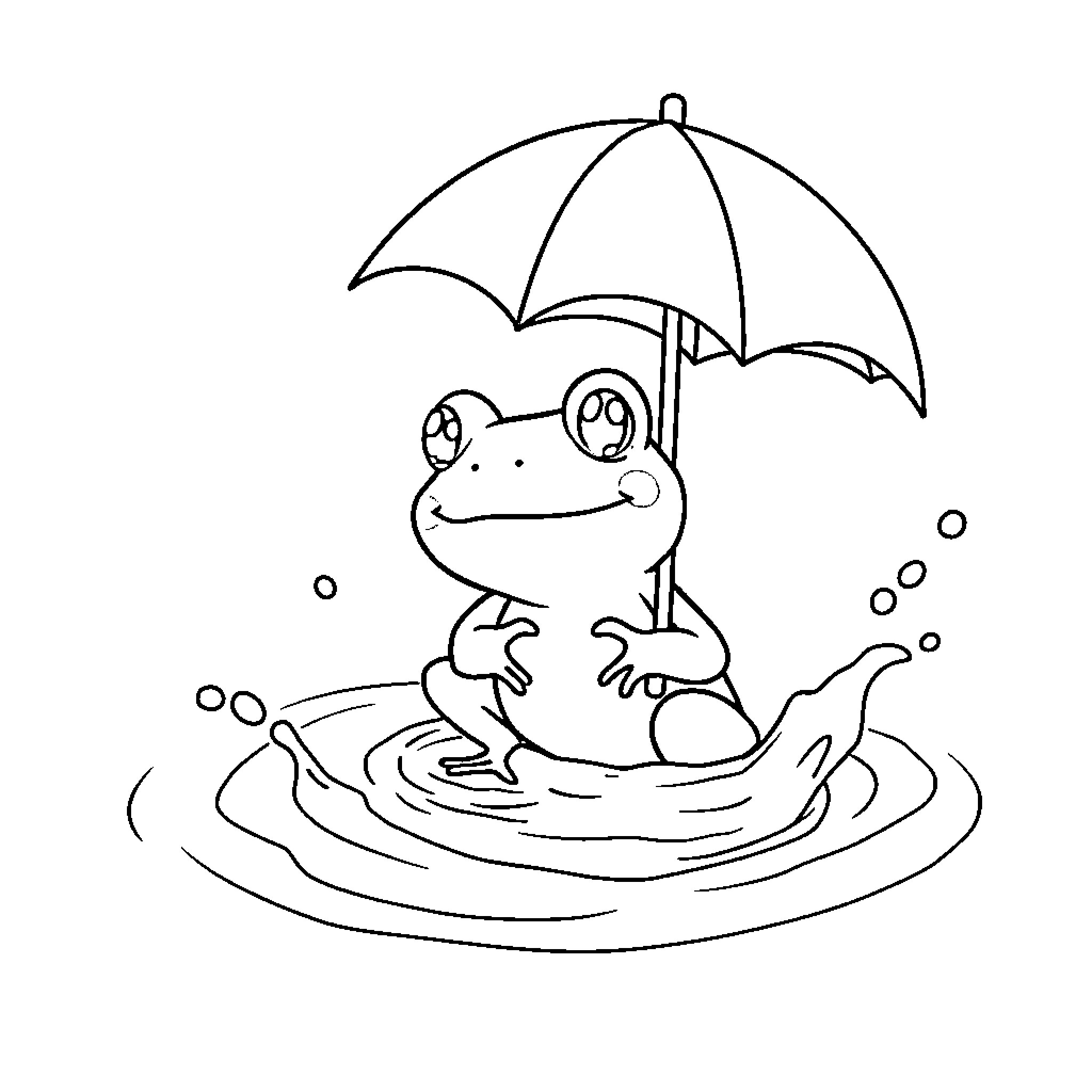 Frog sheltering under umbrella in puddle Coloring Page (free black-and-white line drawing printable PDF for all, from beginners to advanced learners, including children, teens, adults, and seniors)