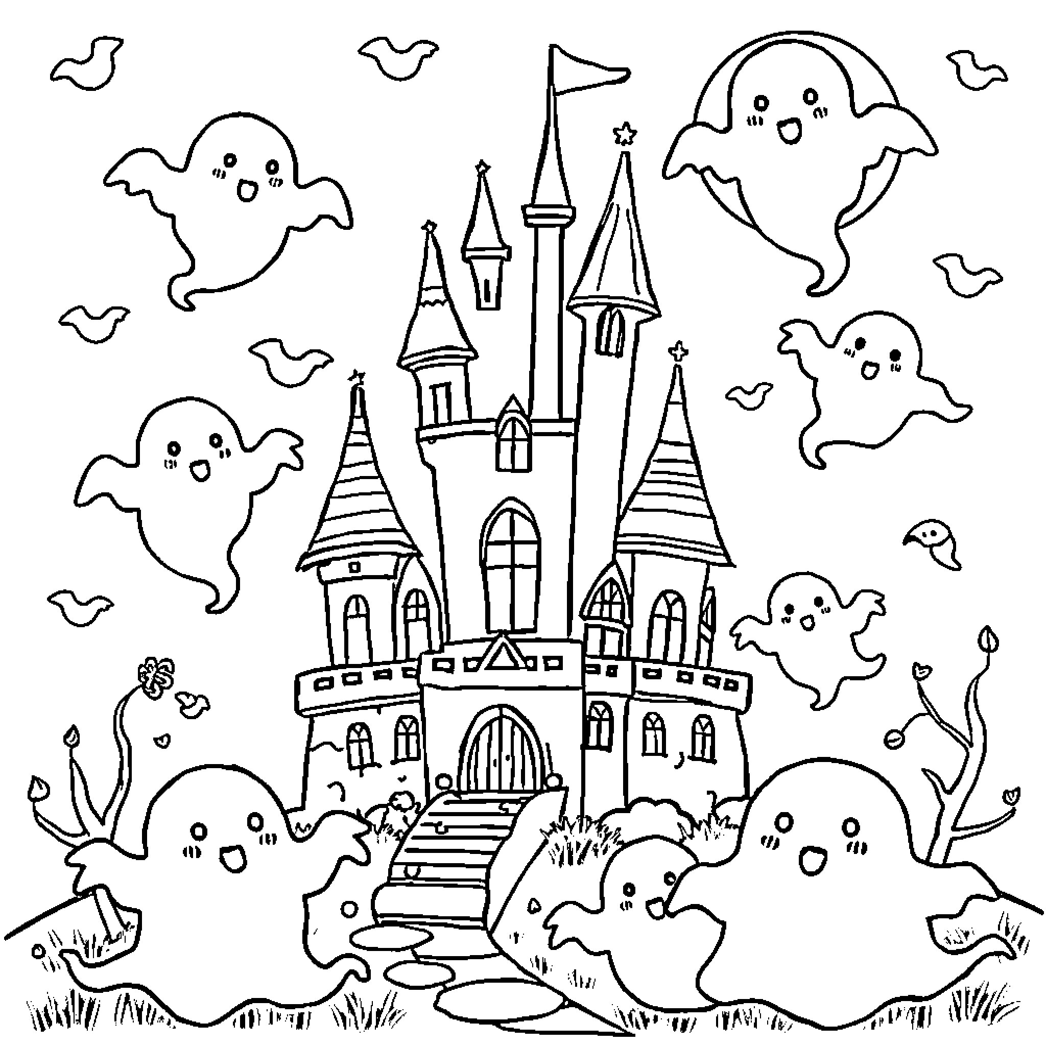 Castle with friendly ghosts and spooky scenery Coloring Page (free black-and-white line drawing printable PDF for all, from beginners to advanced learners, including children, teens, adults, and seniors)