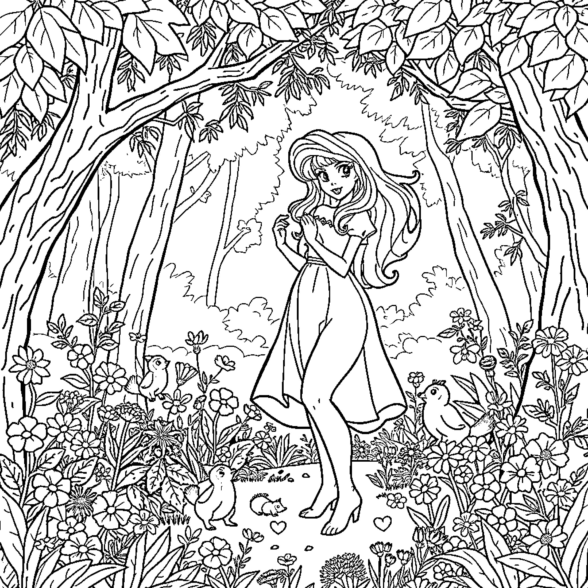 Snow White's Enchanted Woodland Adventure Coloring Page (free black-and-white line drawing printable PDF for all, from beginners to advanced learners, including children, teens, adults, and seniors)