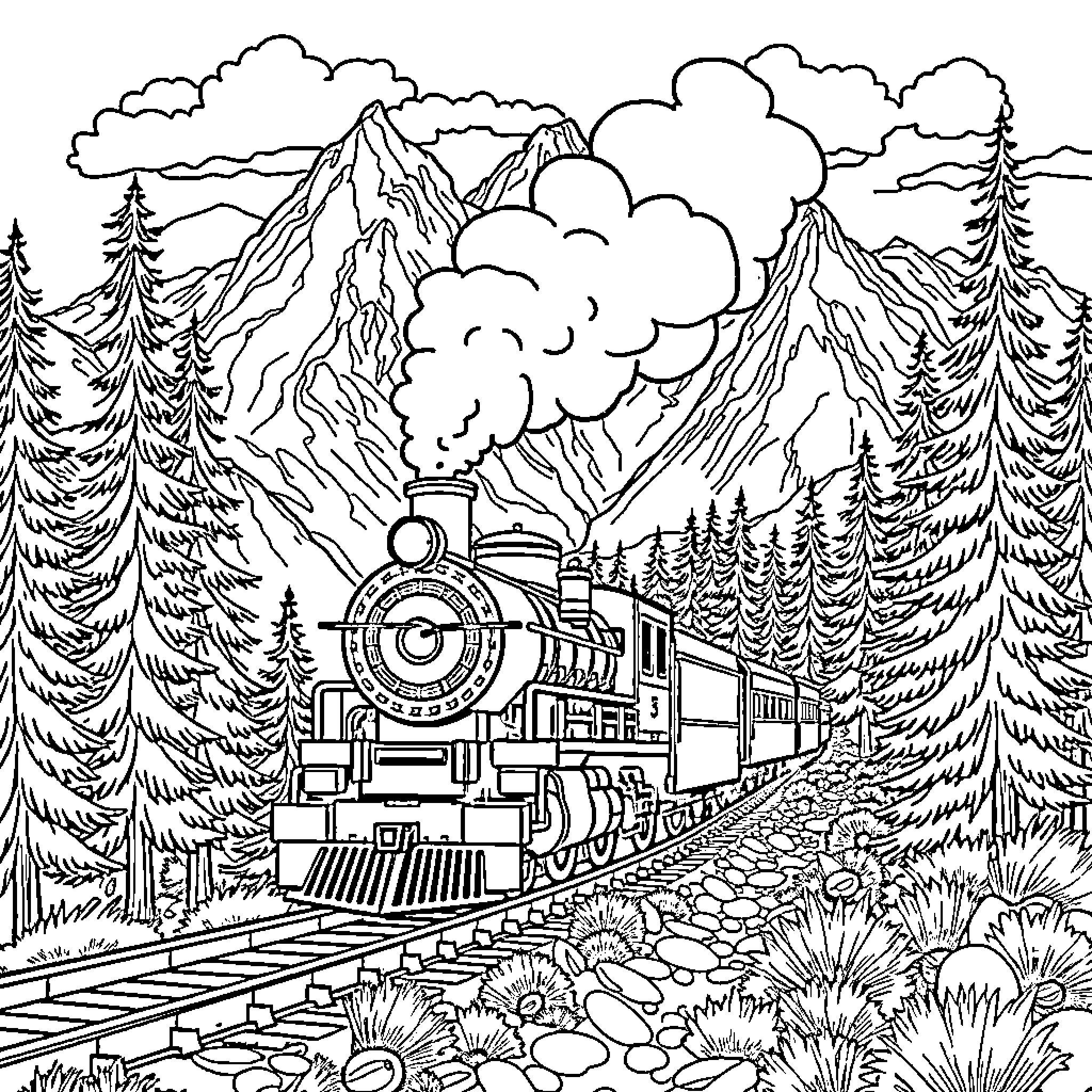 Steam Train Journeying Through Majestic Mountain Landscape Coloring Page (free black-and-white line drawing printable PDF for all, from beginners to advanced learners, including children, teens, adults, and seniors)