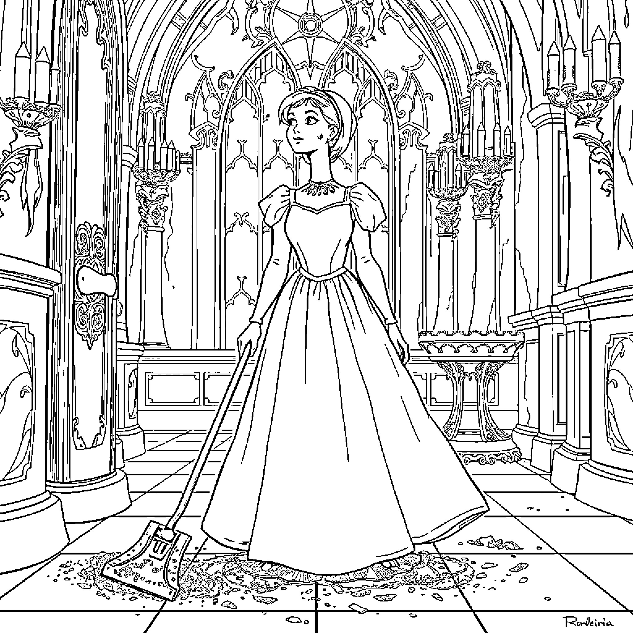 Cinderella in a grand, ornate cathedral Coloring Page (free black-and-white line drawing printable PDF for all, from beginners to advanced learners, including children, teens, adults, and seniors)