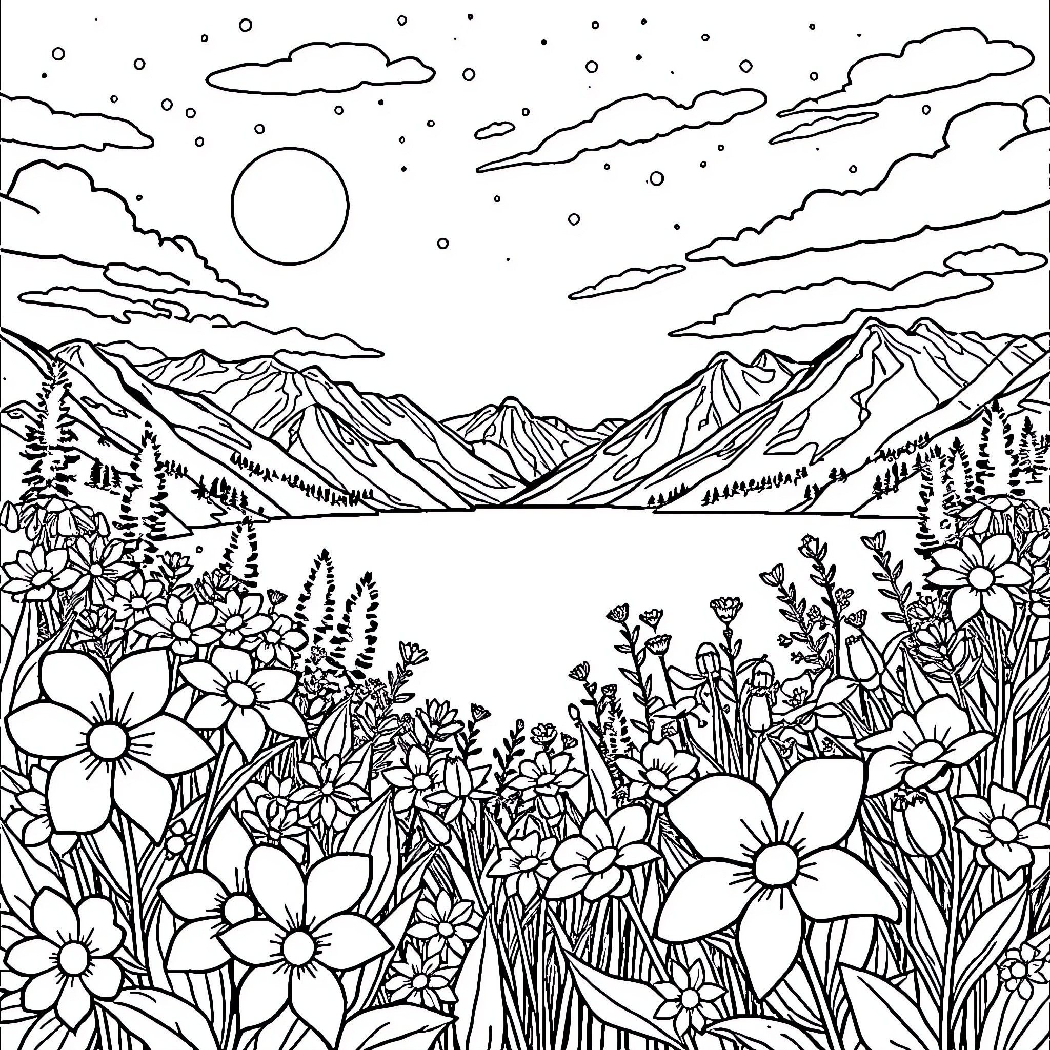 Flower-filled mountain landscape with clouds and moon Coloring Page (free black-and-white line drawing printable PDF for all, from beginners to advanced learners, including children, teens, adults, and seniors)