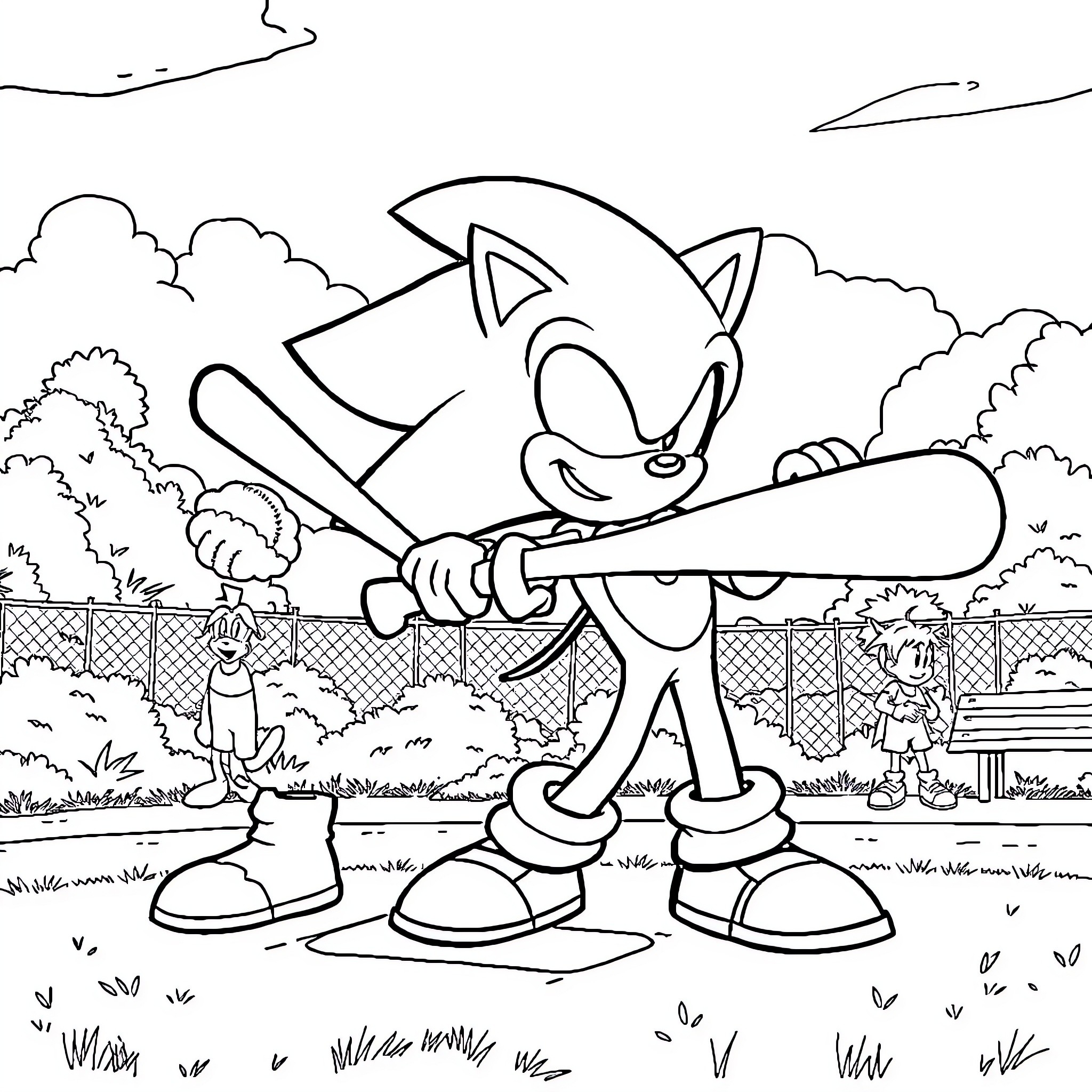 Sonic playing baseball in a fenced-in park Coloring Page (free black-and-white line drawing printable PDF for all, from beginners to advanced learners, including children, teens, adults, and seniors)