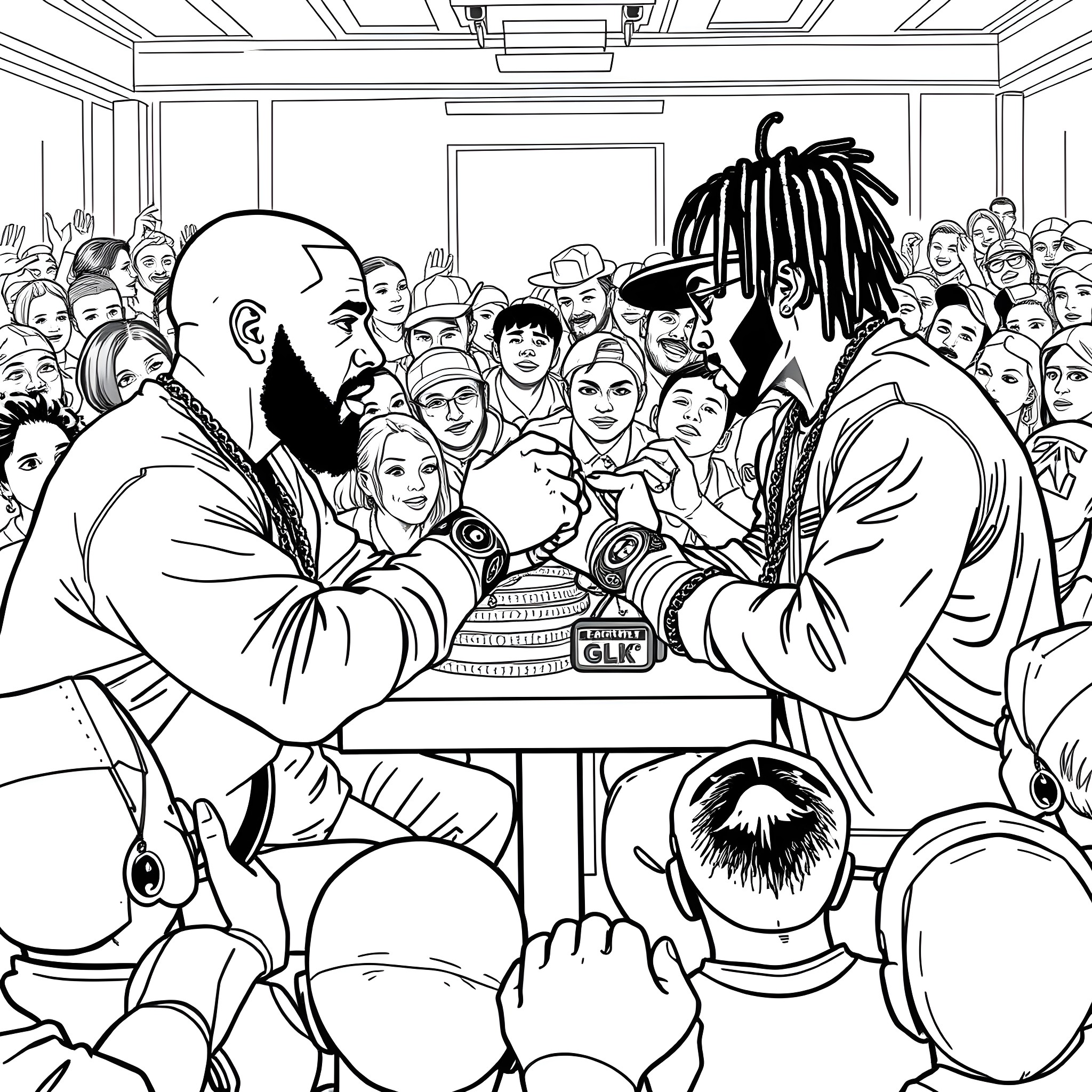 Drake surrounded by a crowd at an event Coloring Page (free black-and-white line drawing printable PDF for all, from beginners to advanced learners, including children, teens, adults, and seniors)
