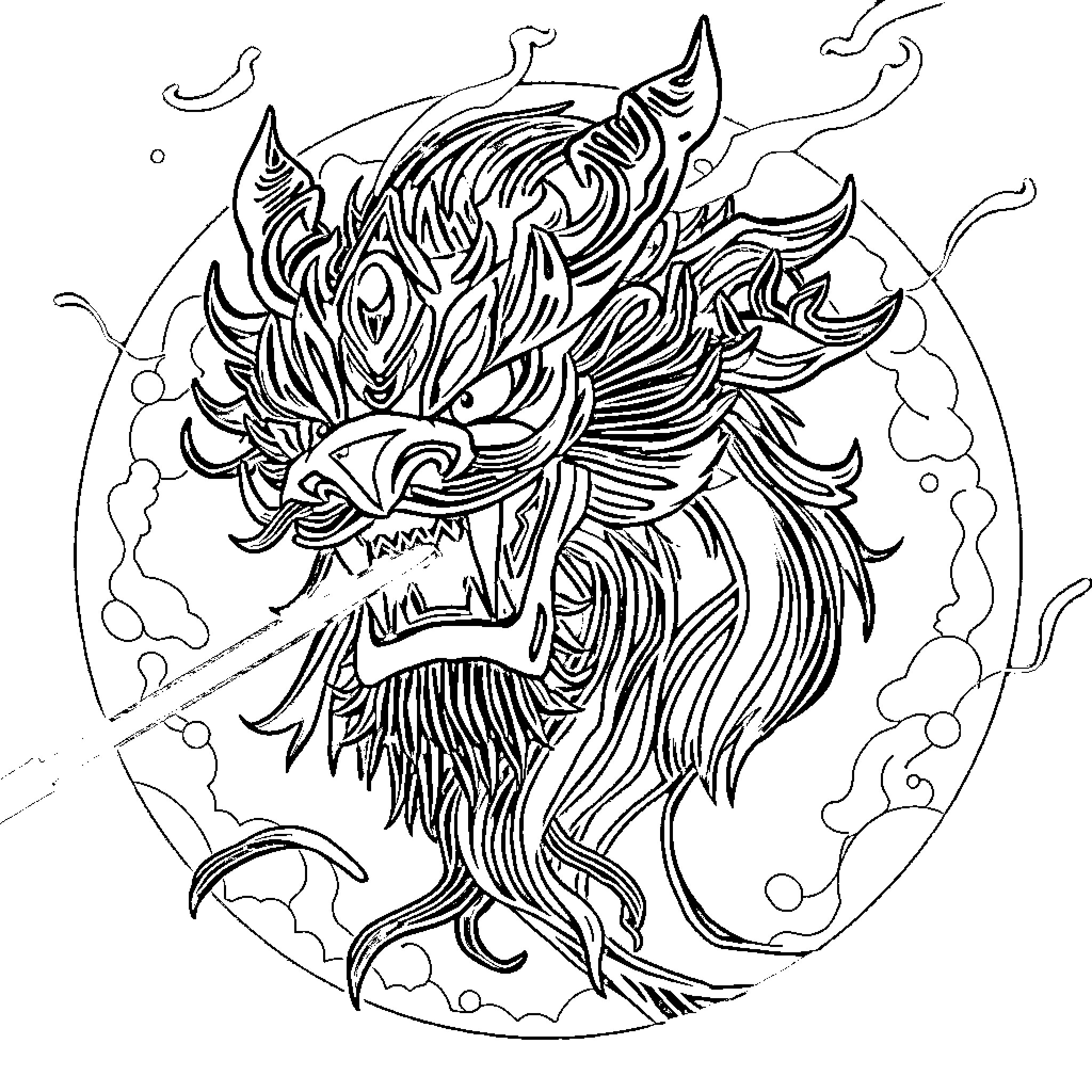 Neo Hou's Fierce Mythical Creature Illustration Coloring Page (free black-and-white line drawing printable PDF for all, from beginners to advanced learners, including children, teens, adults, and seniors)