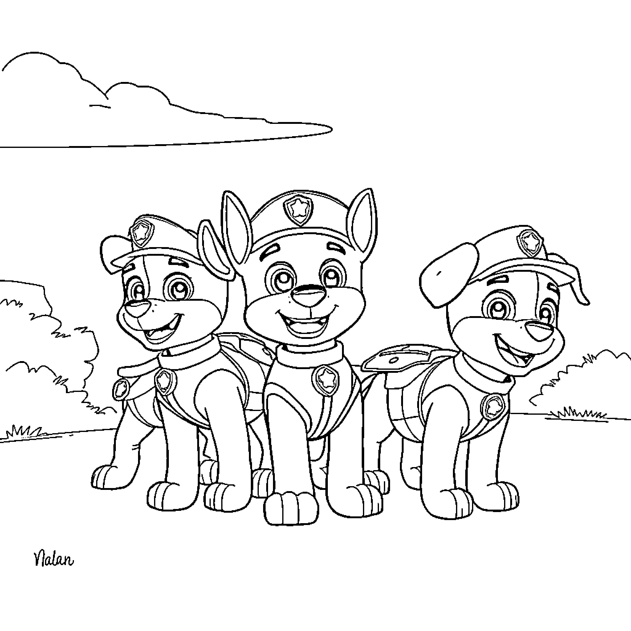 Paw Patrol pups on patrol in the outdoors Coloring Page (free black-and-white line drawing printable PDF for all, from beginners to advanced learners, including children, teens, adults, and seniors)