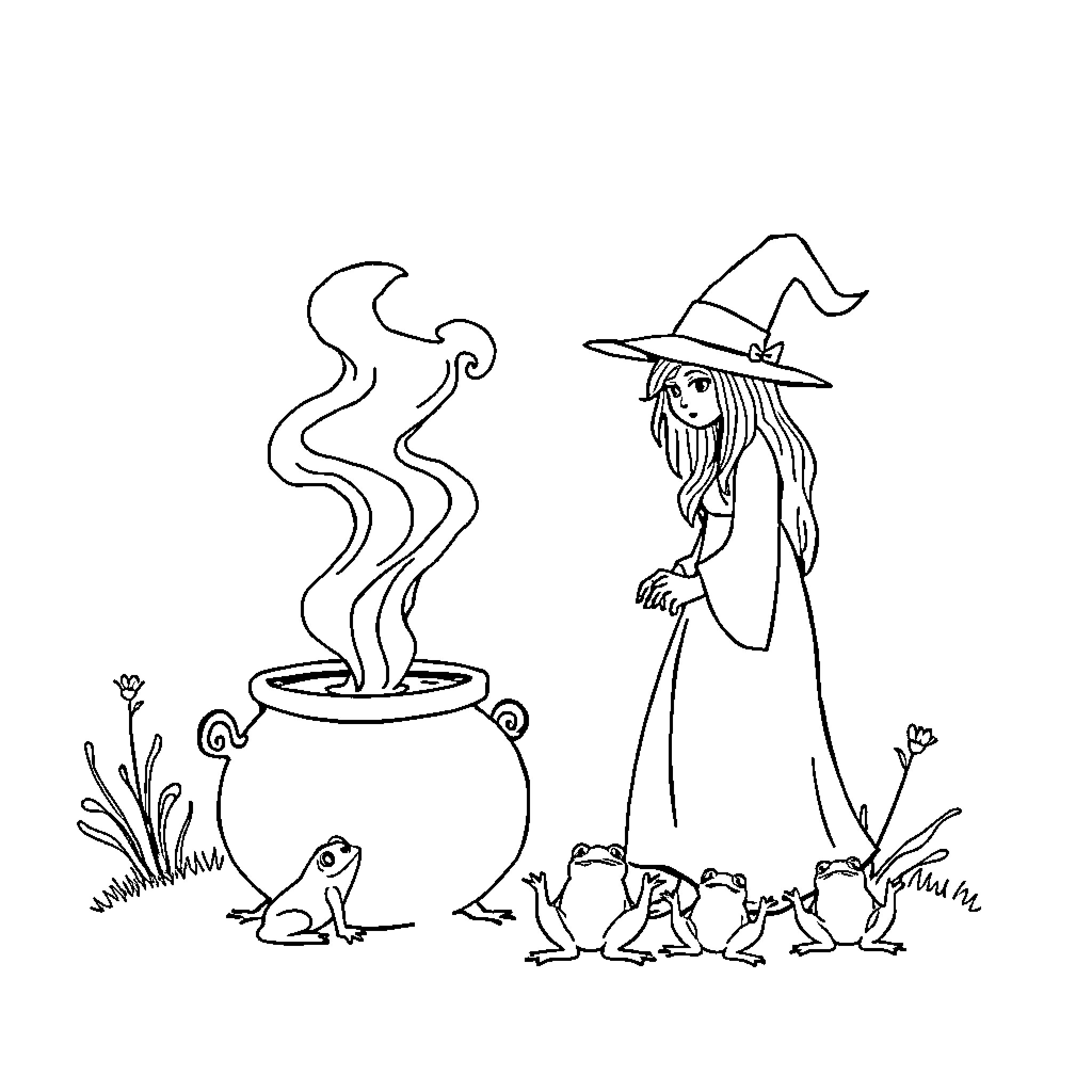 Witch casting a spell with frog companions Coloring Page (free black-and-white line drawing printable PDF for all, from beginners to advanced learners, including children, teens, adults, and seniors)
