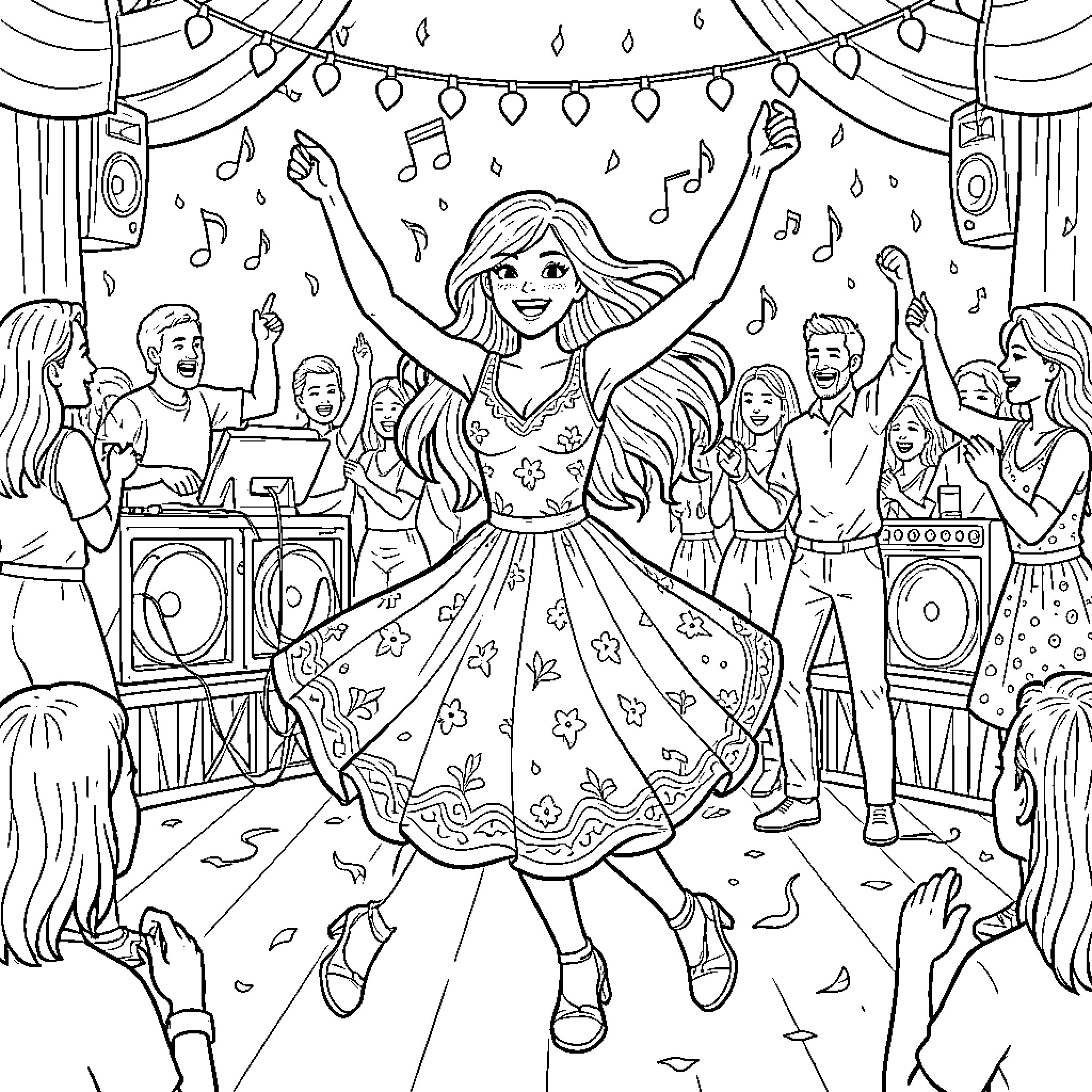 Mujer bailando alegremente en una fiesta con música Coloring Page (free black-and-white line drawing printable PDF for all, from beginners to advanced learners, including children, teens, adults, and seniors)