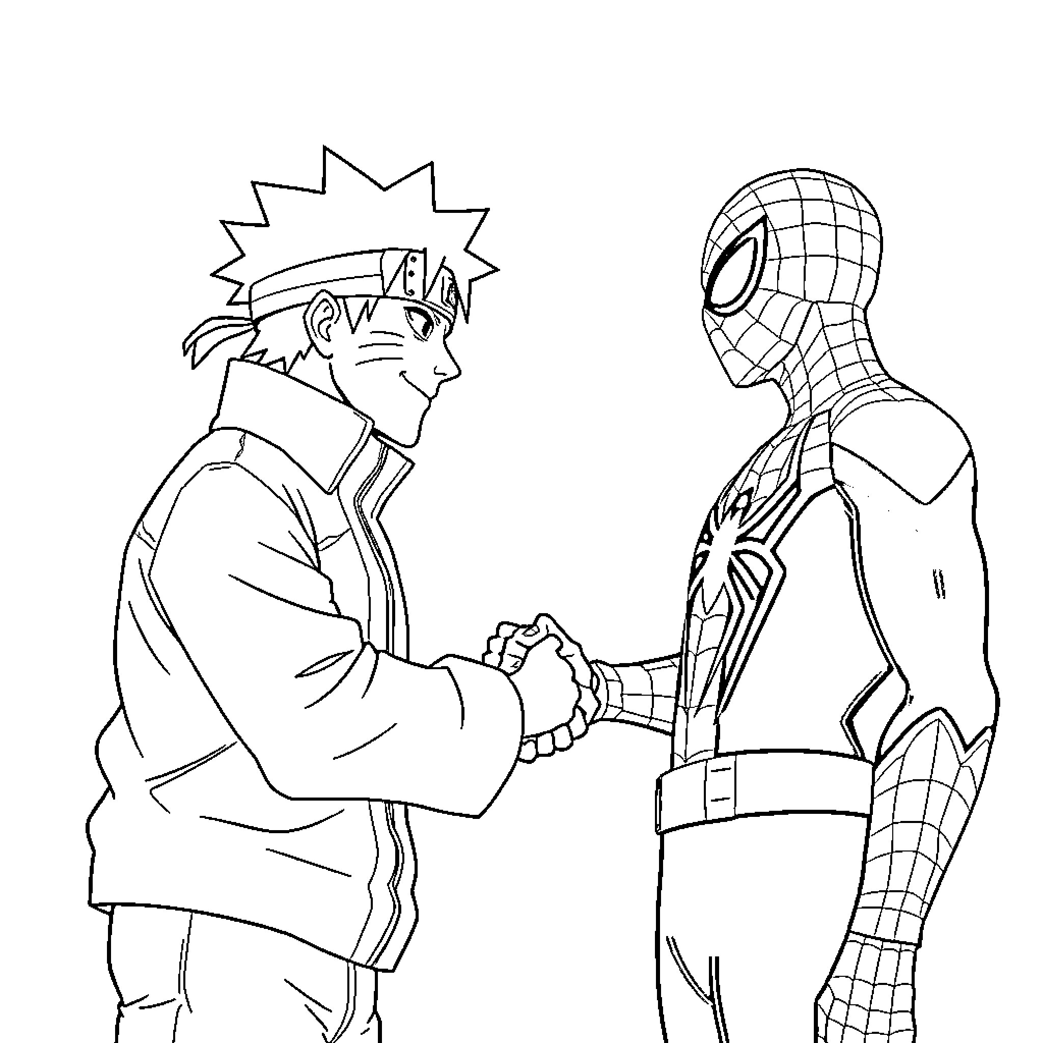 Naruto and Spider-Man Shaking Hands Coloring Page (free black-and-white line drawing printable PDF for all, from beginners to advanced learners, including children, teens, adults, and seniors)