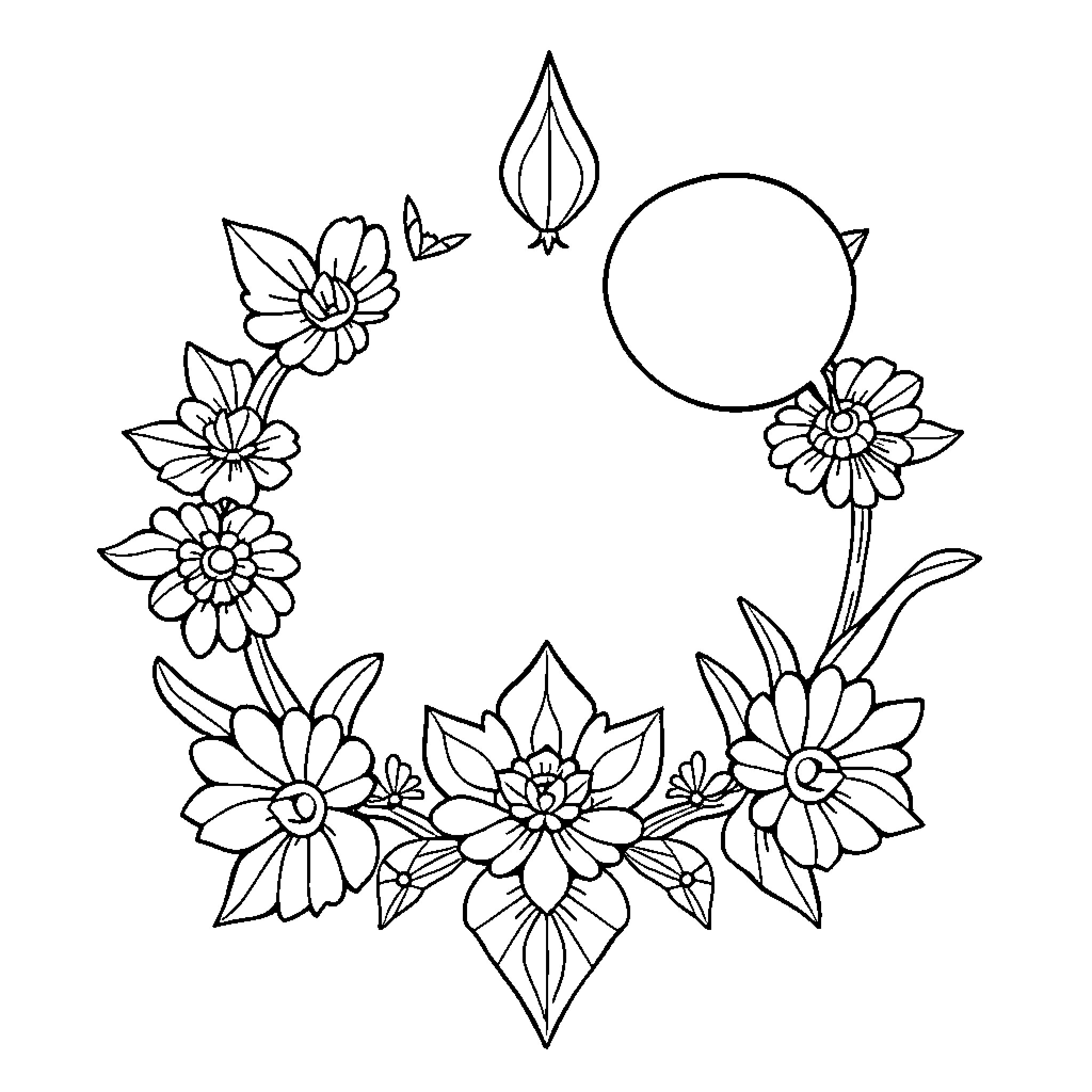 Social Media Floral Frame with Flowers and Shapes Coloring Page (free black-and-white line drawing printable PDF for all, from beginners to advanced learners, including children, teens, adults, and seniors)