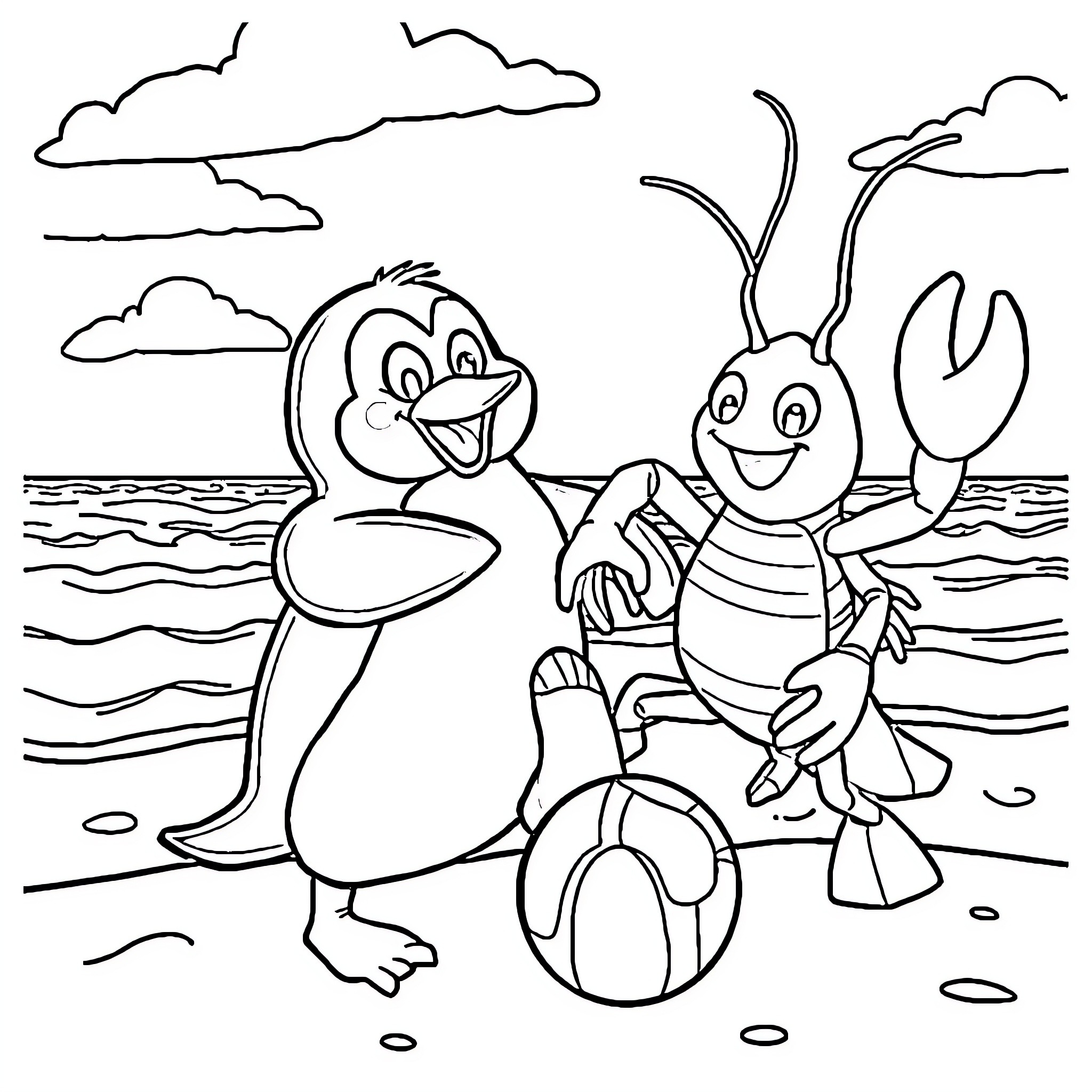 Penguins playing happily on the beach Coloring Page (free black-and-white line drawing printable PDF for all, from beginners to advanced learners, including children, teens, adults, and seniors)