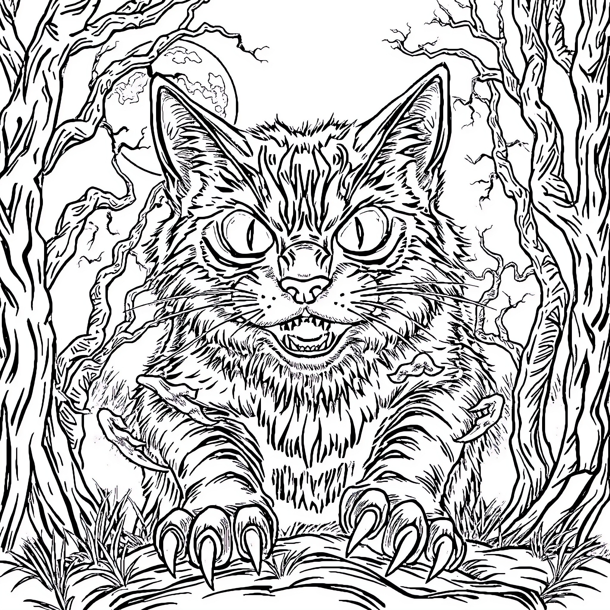 Cat in a Spooky Forest Coloring Page (free black-and-white line drawing printable PDF for all, from beginners to advanced learners, including children, teens, adults, and seniors)