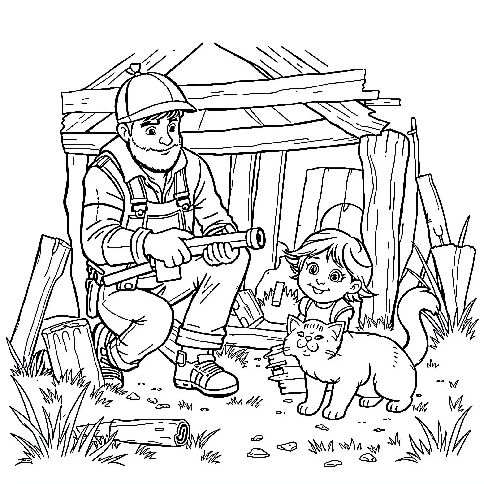 Cat and worker working on construction site Coloring Page (free black-and-white line drawing printable PDF for all, from beginners to advanced learners, including children, teens, adults, and seniors)
