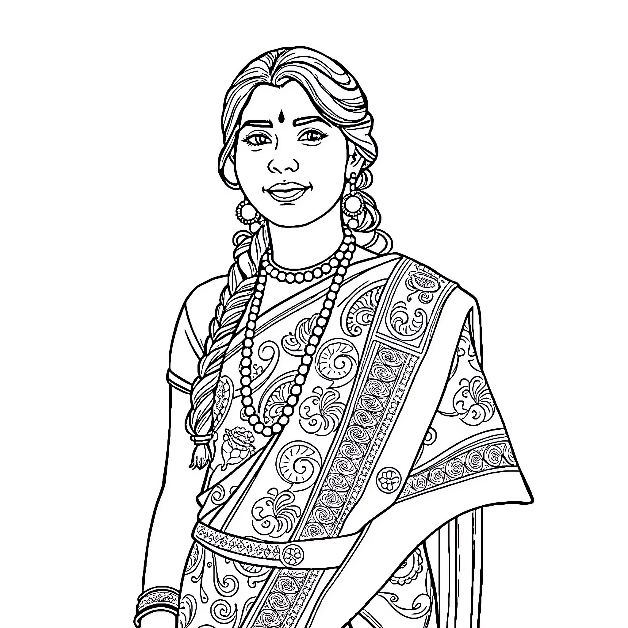 Lady in Traditional Attire with Intricate Designs Coloring Page (free black-and-white line drawing printable PDF for all, from beginners to advanced learners, including children, teens, adults, and seniors)