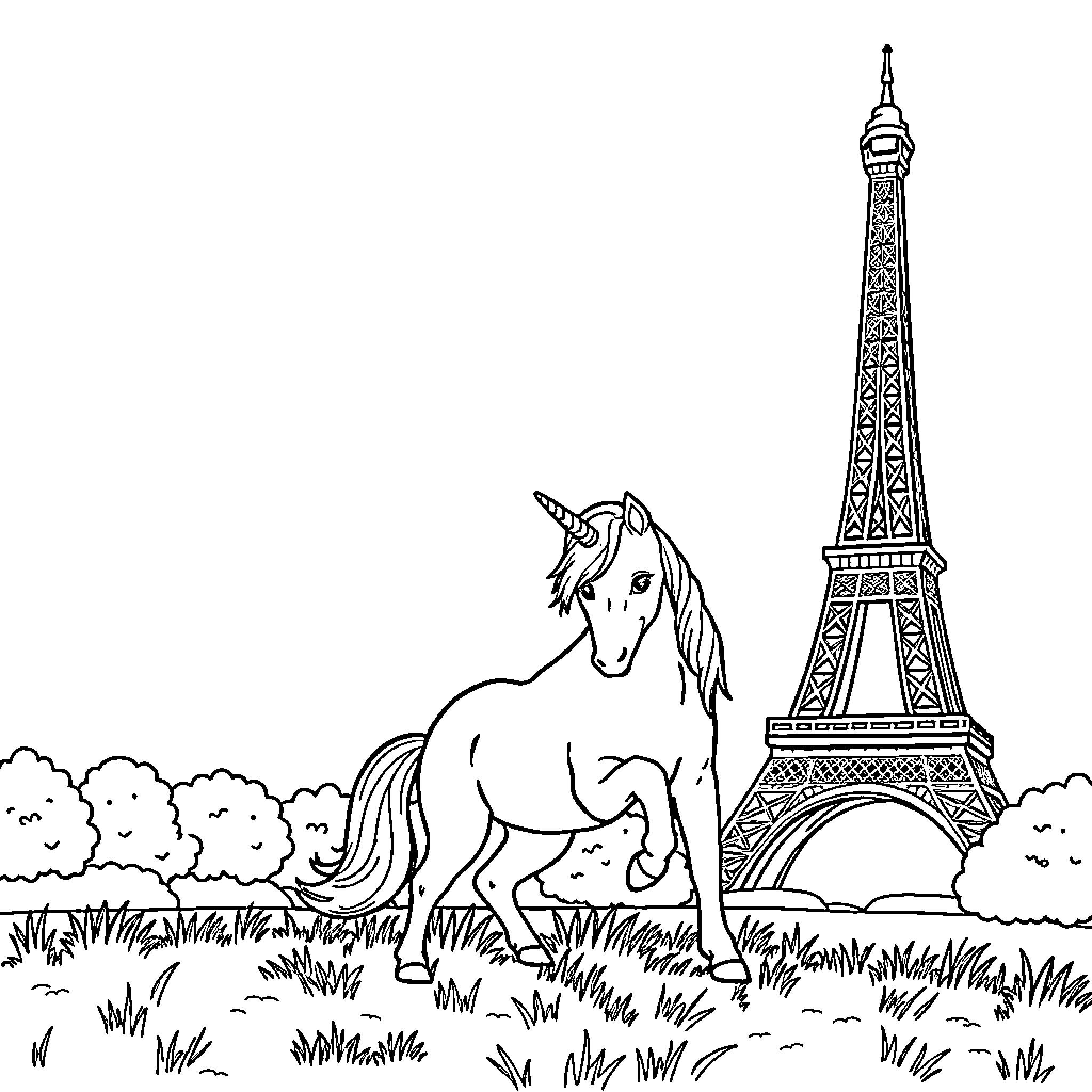 Unicorn prancing proudly in the Parisian landscape Coloring Page (free black-and-white line drawing printable PDF for all, from beginners to advanced learners, including children, teens, adults, and seniors)