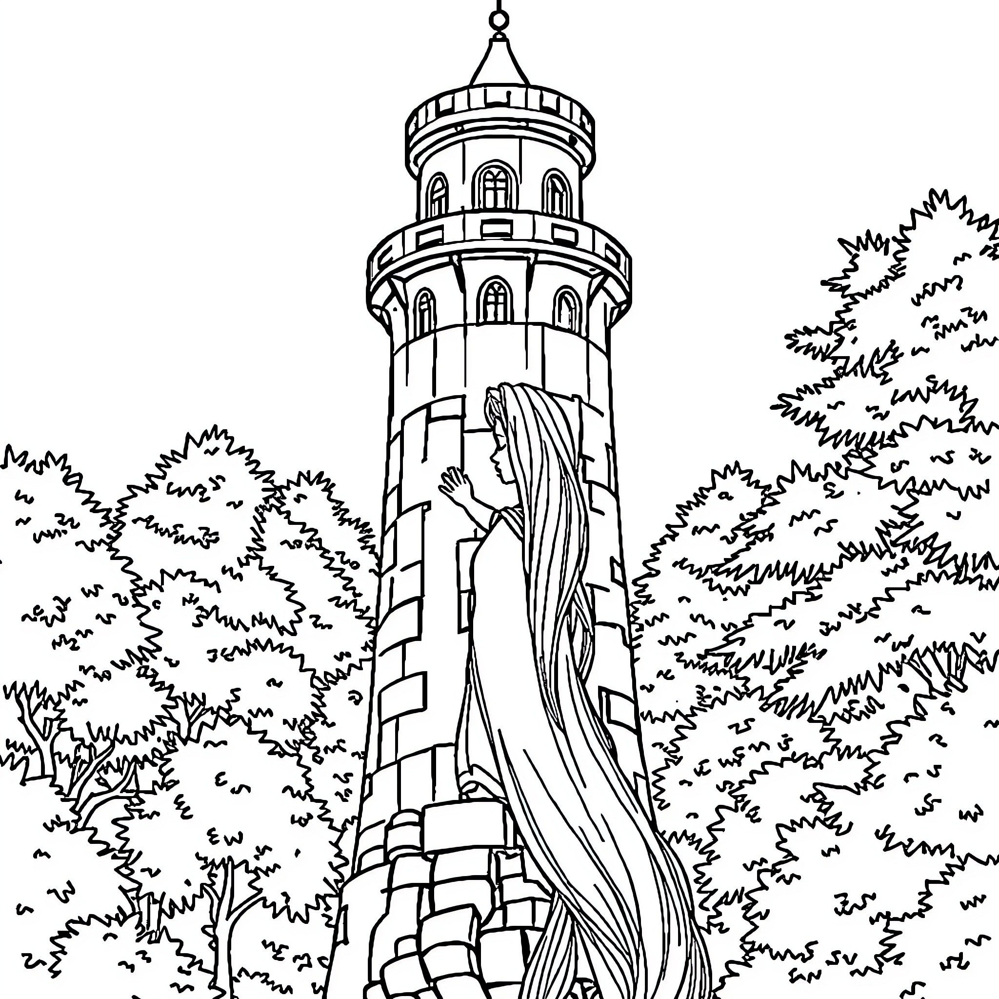 Rapunzel's Tower Amidst a Lush Forest Coloring Page (free black-and-white line drawing printable PDF for all, from beginners to advanced learners, including children, teens, adults, and seniors)