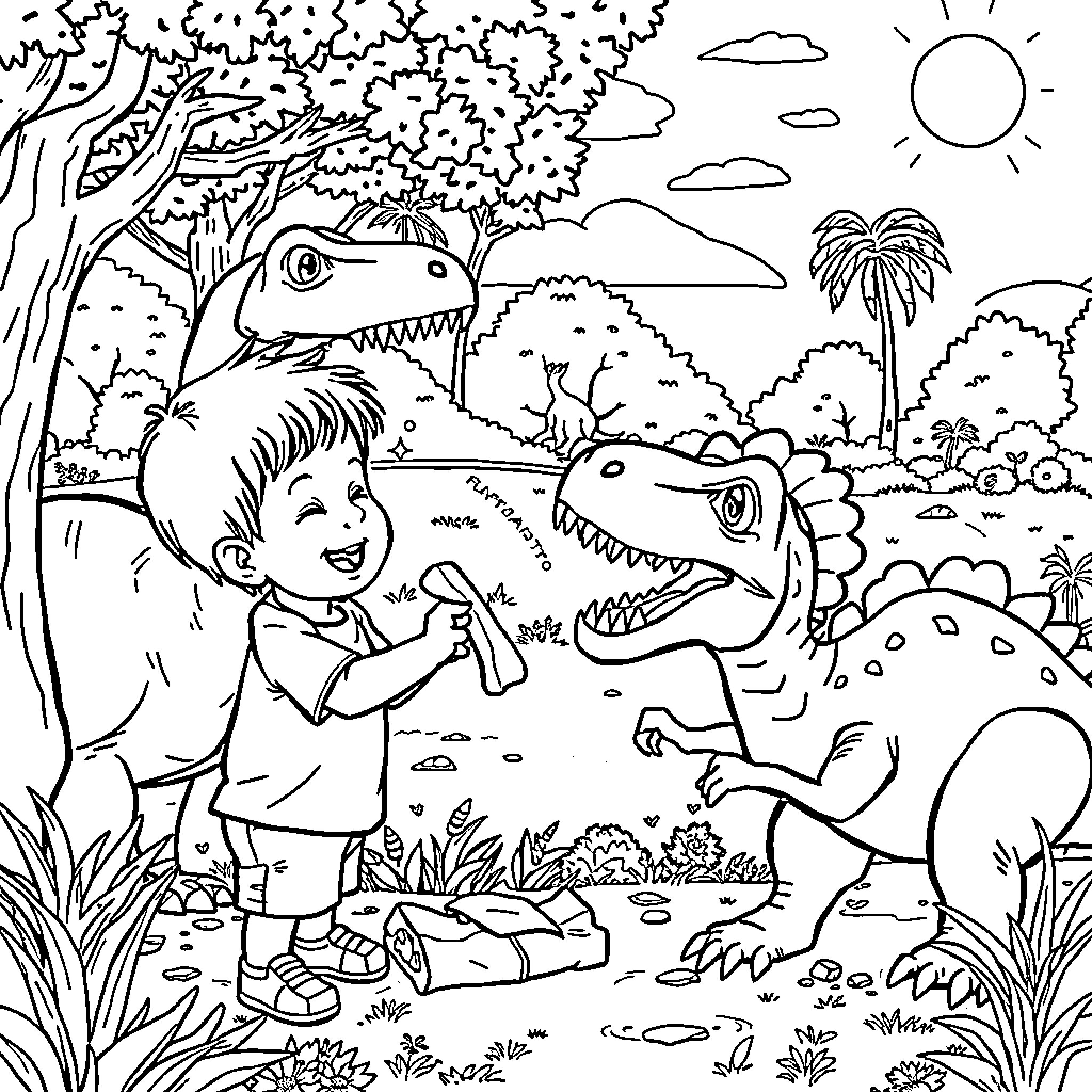 Boy exploring and interacting with dinosaurs in nature Coloring Page (free black-and-white line drawing printable PDF for all, from beginners to advanced learners, including children, teens, adults, and seniors)
