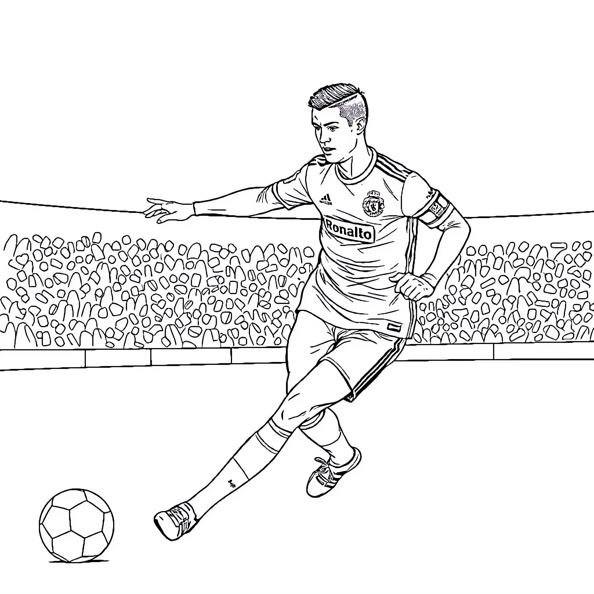 Cristiano Ronaldo playing soccer on the field Coloring Page (free black-and-white line drawing printable PDF for all, from beginners to advanced learners, including children, teens, adults, and seniors)