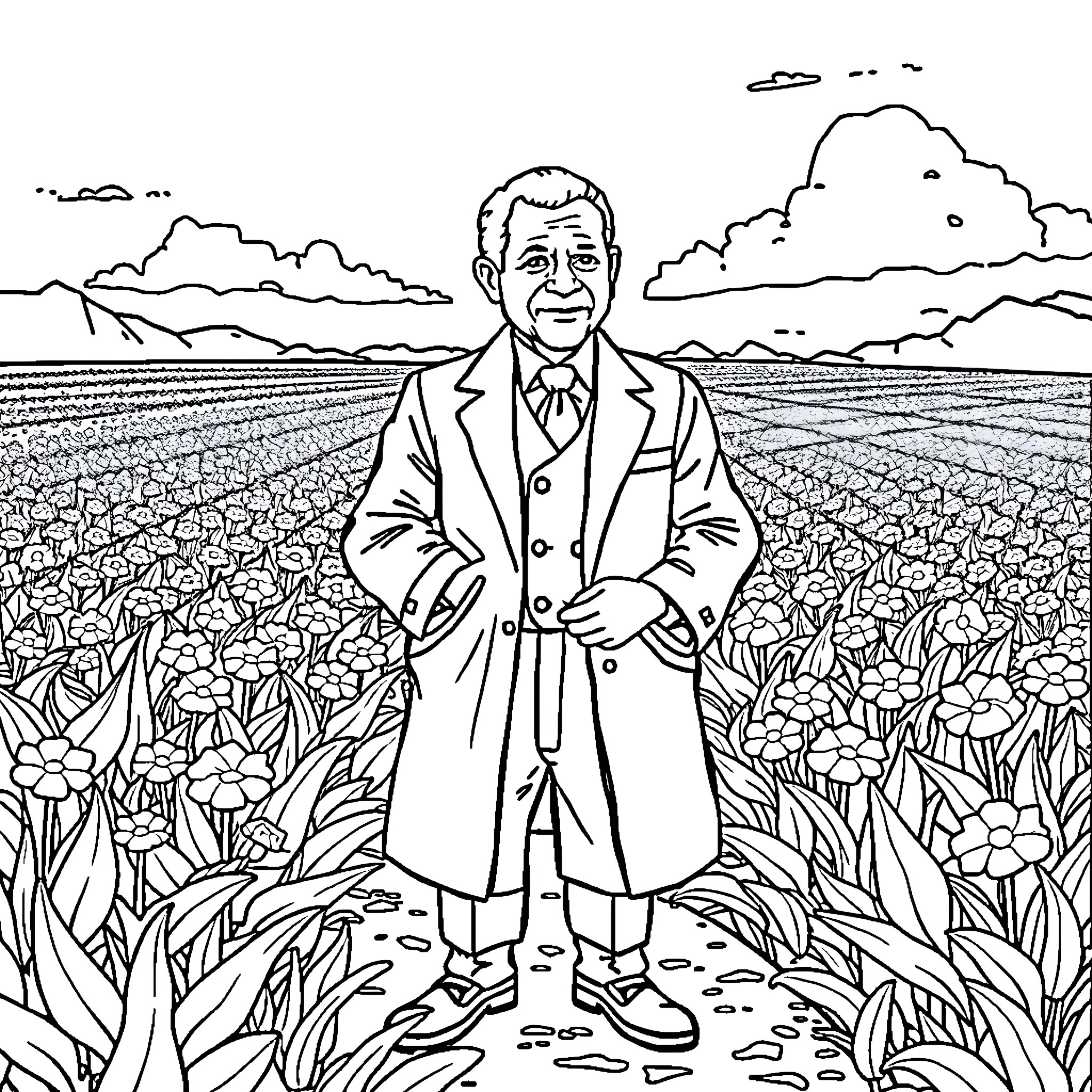 George Washington Carver standing in a field of flowers Coloring Page (free black-and-white line drawing printable PDF for all, from beginners to advanced learners, including children, teens, adults, and seniors)