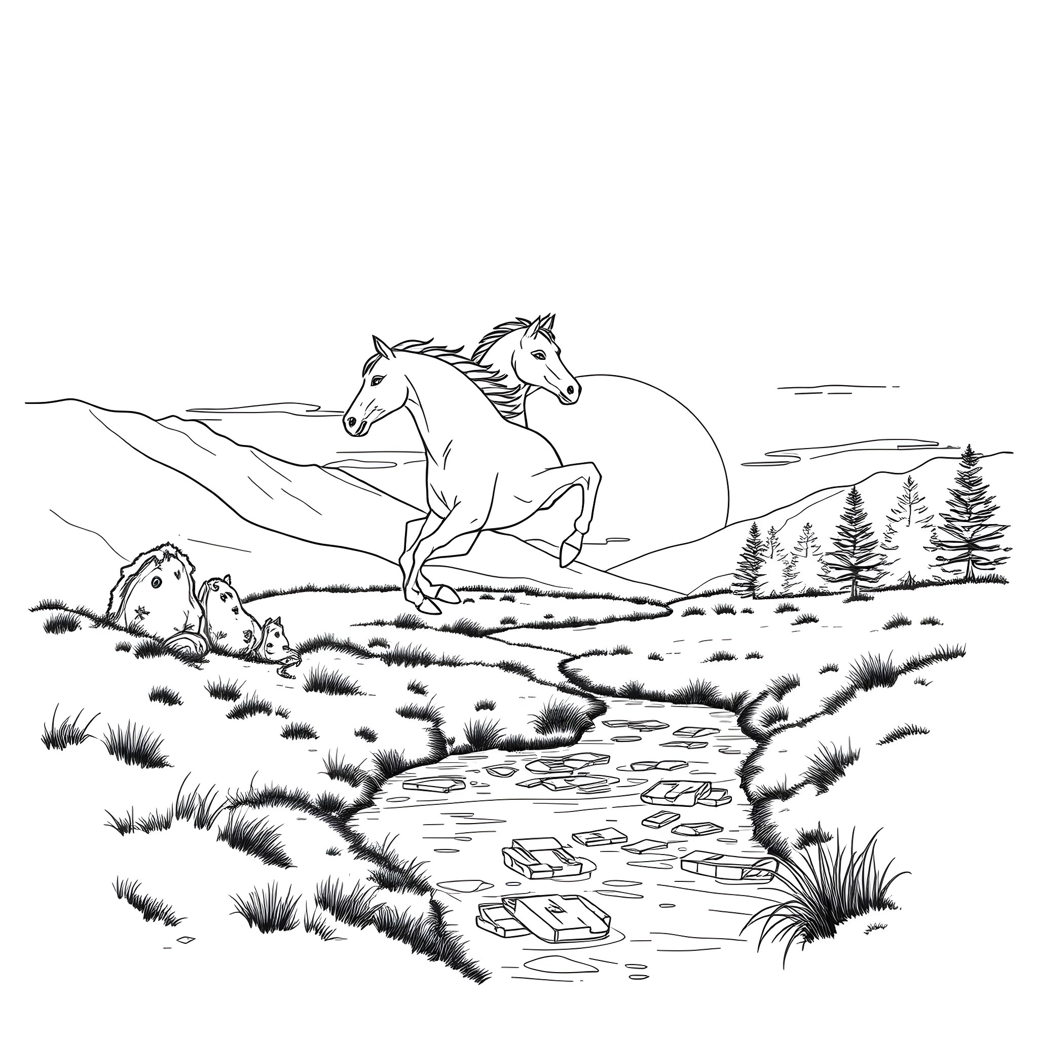 Horse galloping through a natural landscape Coloring Page (free black-and-white line drawing printable PDF for all, from beginners to advanced learners, including children, teens, adults, and seniors)