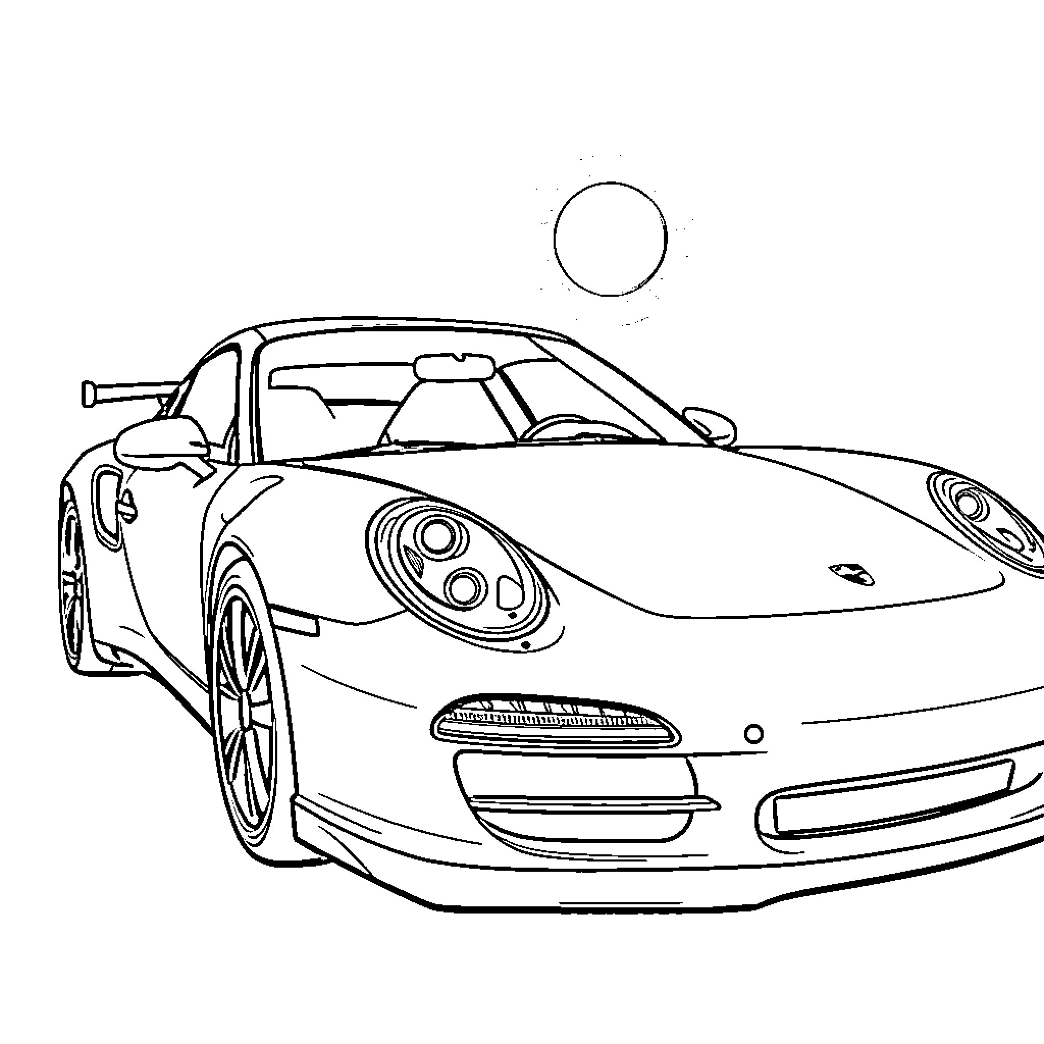 Porsche sports car in simple line art Coloring Page (free black-and-white line drawing printable PDF for all, from beginners to advanced learners, including children, teens, adults, and seniors)