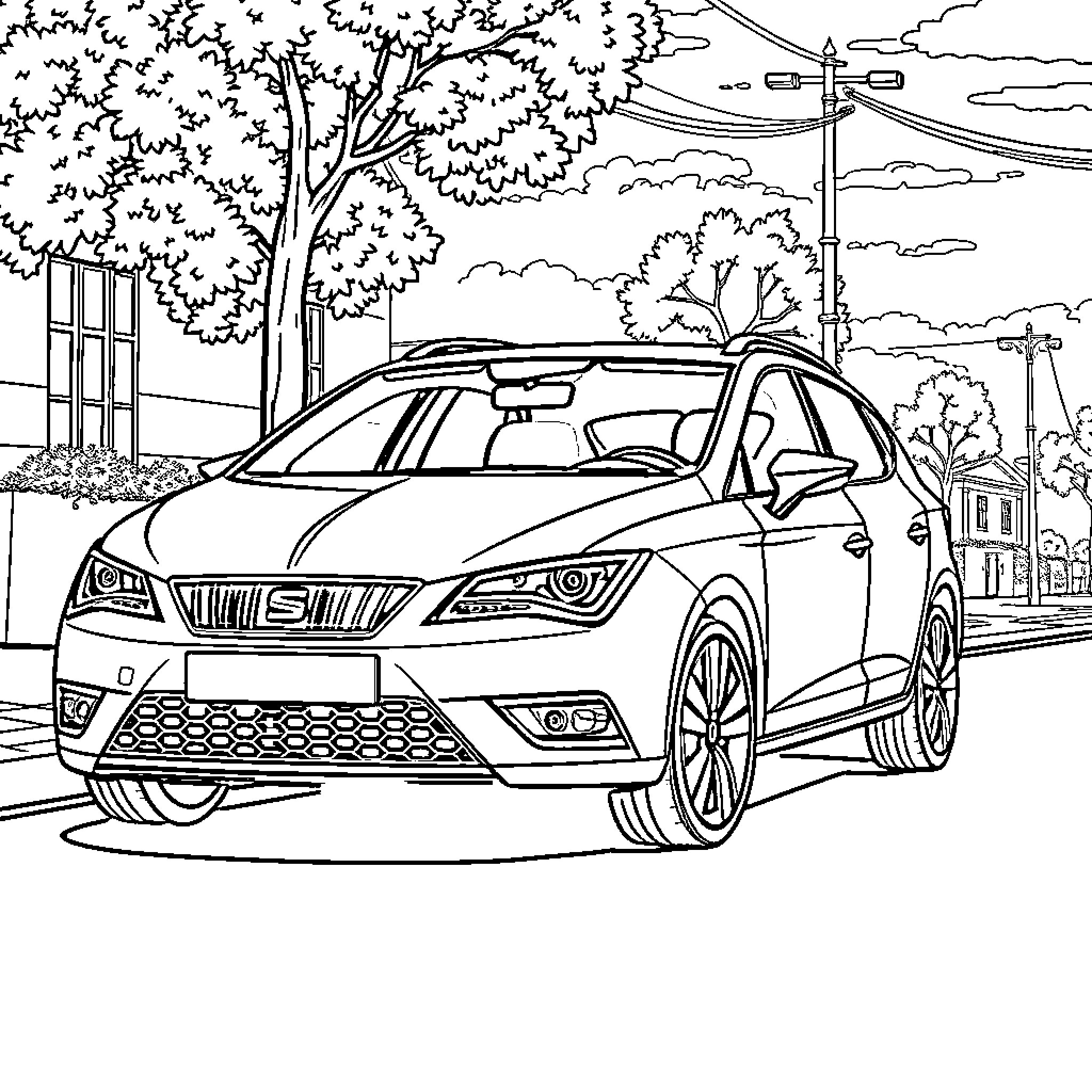Lion sedan on a city street Coloring Page (free black-and-white line drawing printable PDF for all, from beginners to advanced learners, including children, teens, adults, and seniors)
