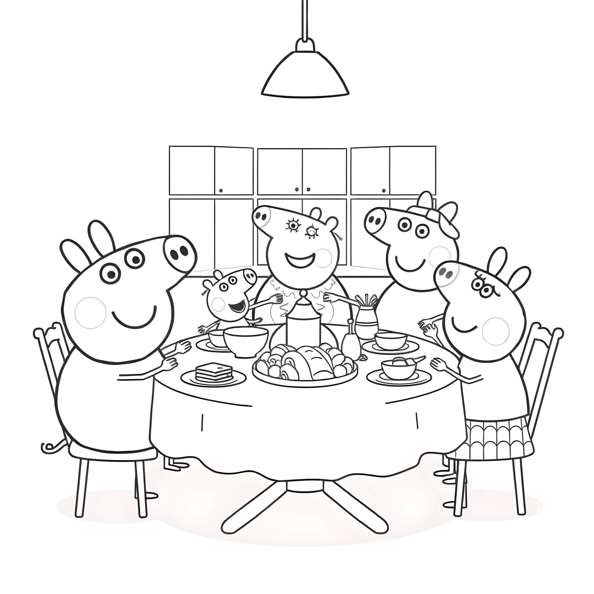 Bluey's family enjoying a meal together Coloring Page (free black-and-white line drawing printable PDF for all, from beginners to advanced learners, including children, teens, adults, and seniors)