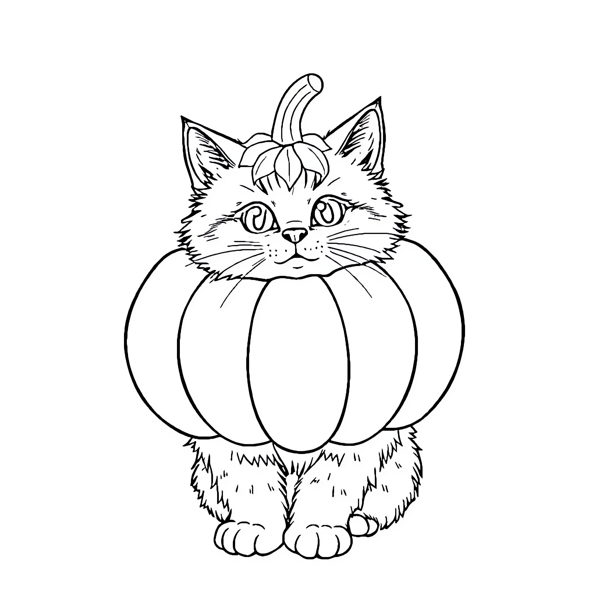 Cat sitting on a pumpkin Coloring Page (free black-and-white line drawing printable PDF for all, from beginners to advanced learners, including children, teens, adults, and seniors)
